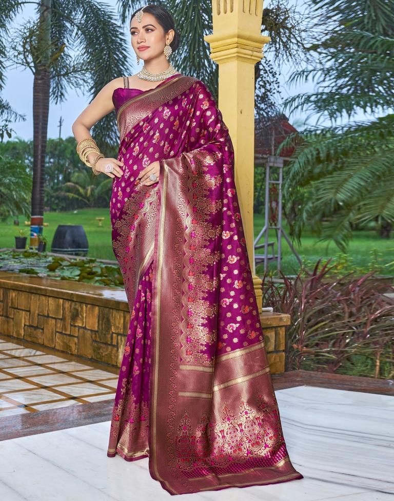 Buy Magenta Color Mashru Banarasi Saree with Allover Zari Weaving At  IndyVogue