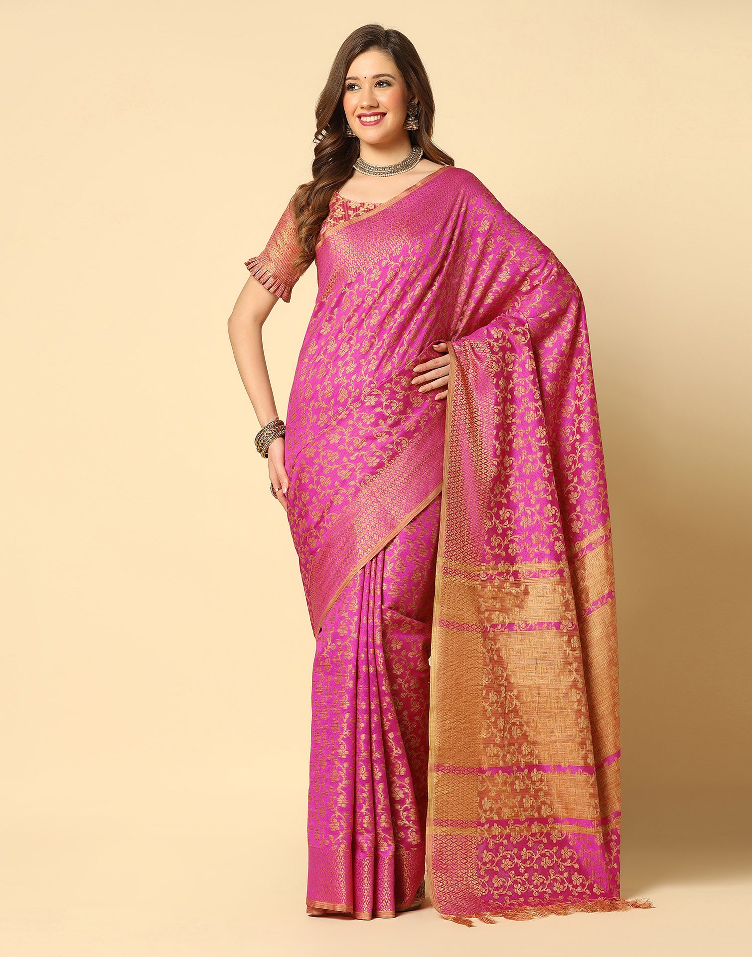 Pink. Beige Banarasi Silk Saree | Leemboodi