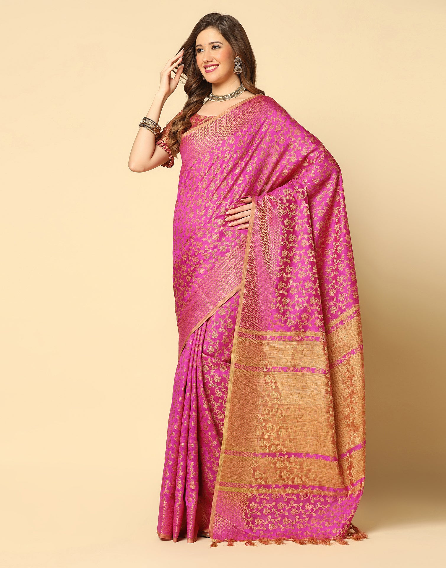 Pink. Beige Banarasi Silk Saree | Leemboodi
