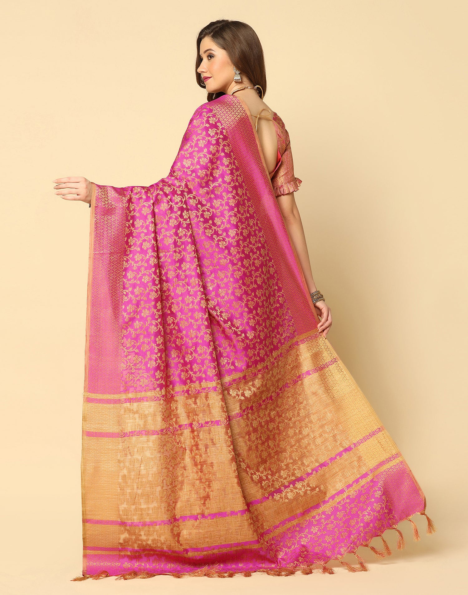 Pink. Beige Banarasi Silk Saree | Leemboodi