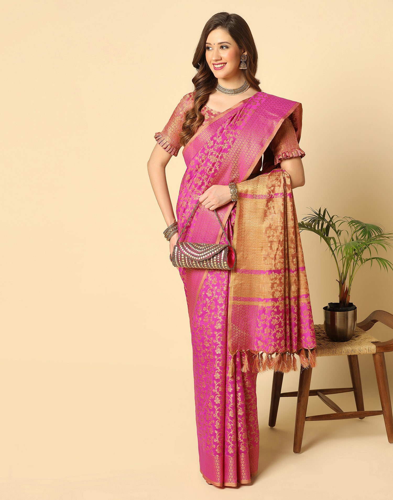 Pink. Beige Banarasi Silk Saree | Leemboodi