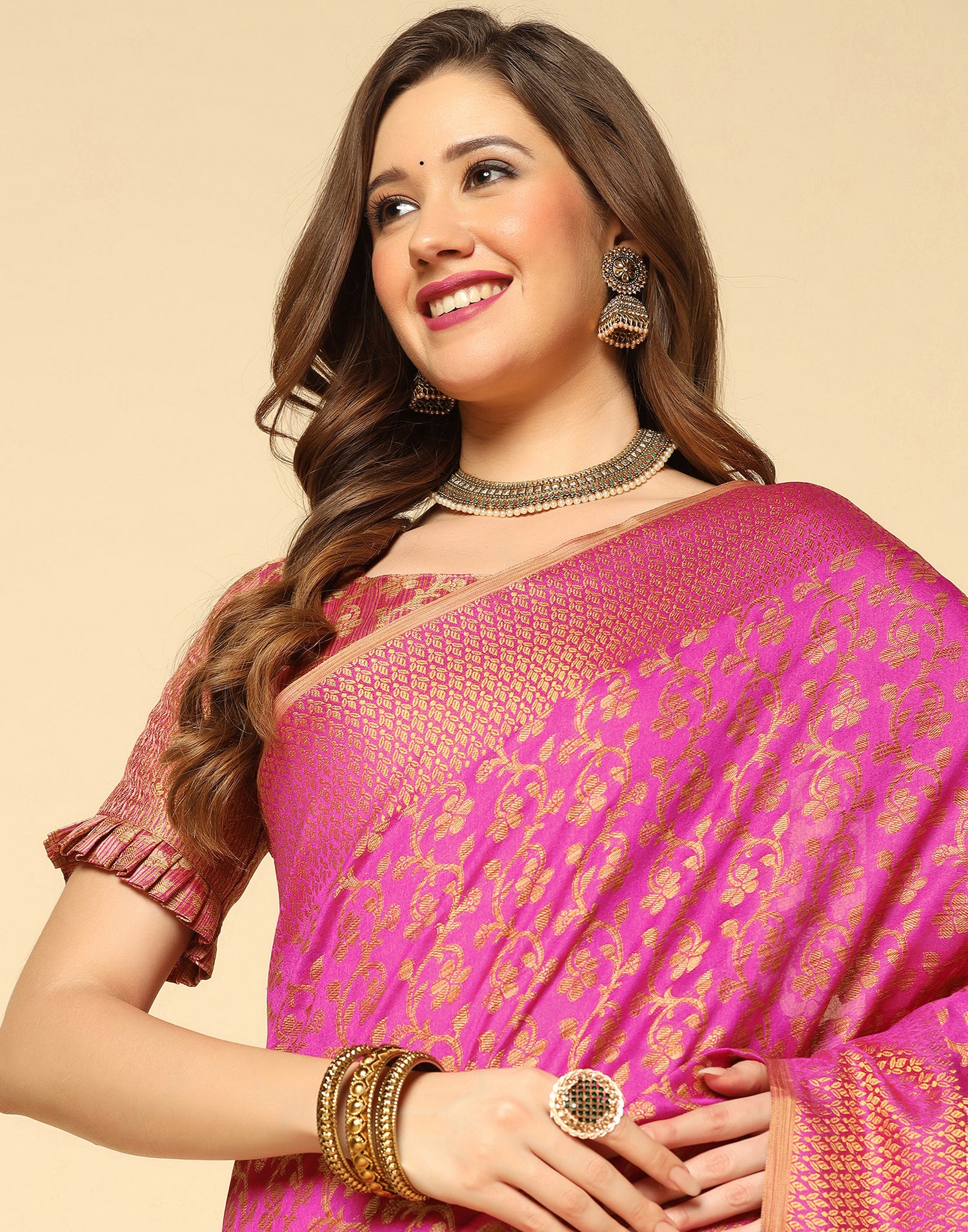 Pink. Beige Banarasi Silk Saree | Leemboodi