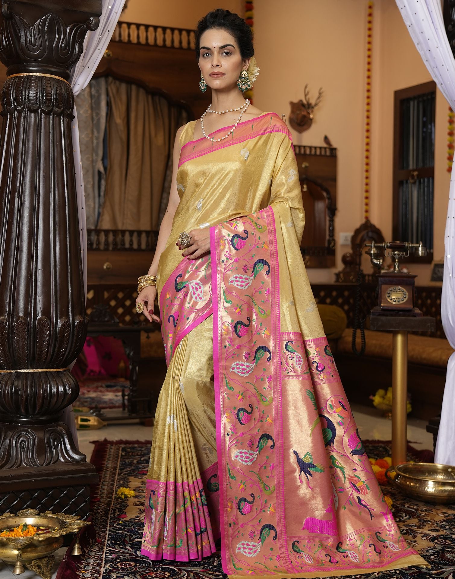 Buy Beige Zari Woven Banarasi Silk Saree Online At Zeel Clothing