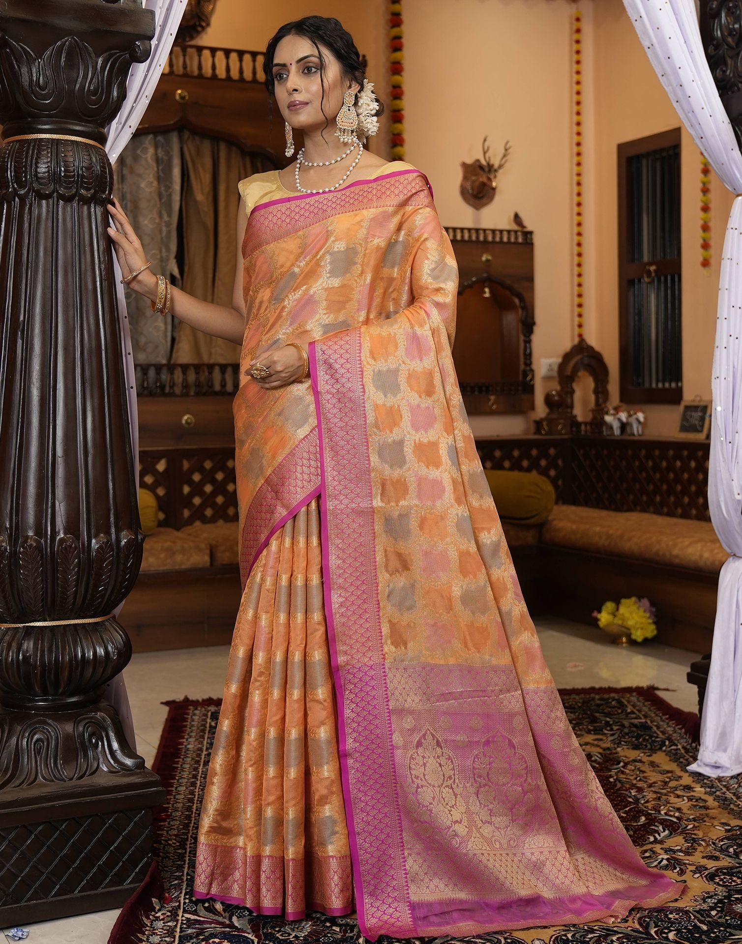 Light Orange Banarasi Silk Saree | Leemboodi