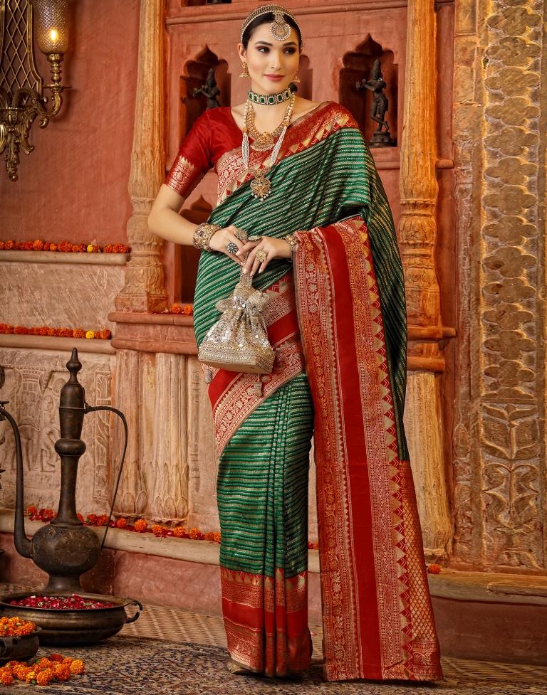 Woven Art Banarasi Silk Saree in Green and Red