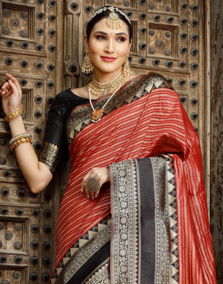 ATTRACATIVE BLACK RED COLOR DIGITAL PRINTED LINEN SAREE – Urru Collection