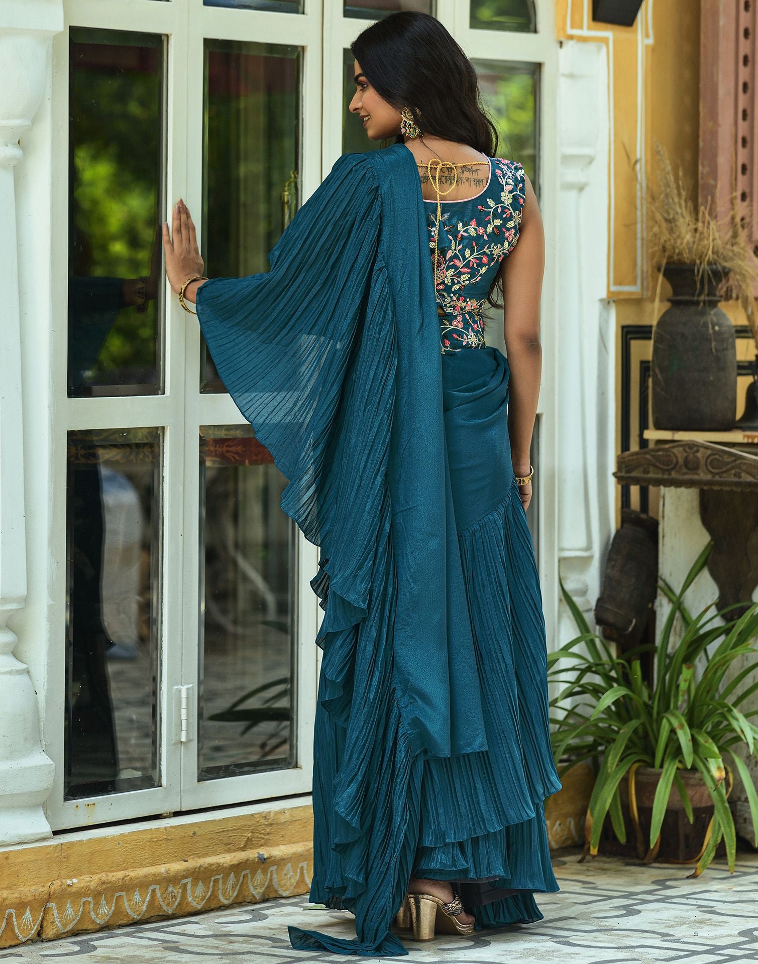Royal blue plain georgette saree with blouse - Vedant Vastram - 4096225