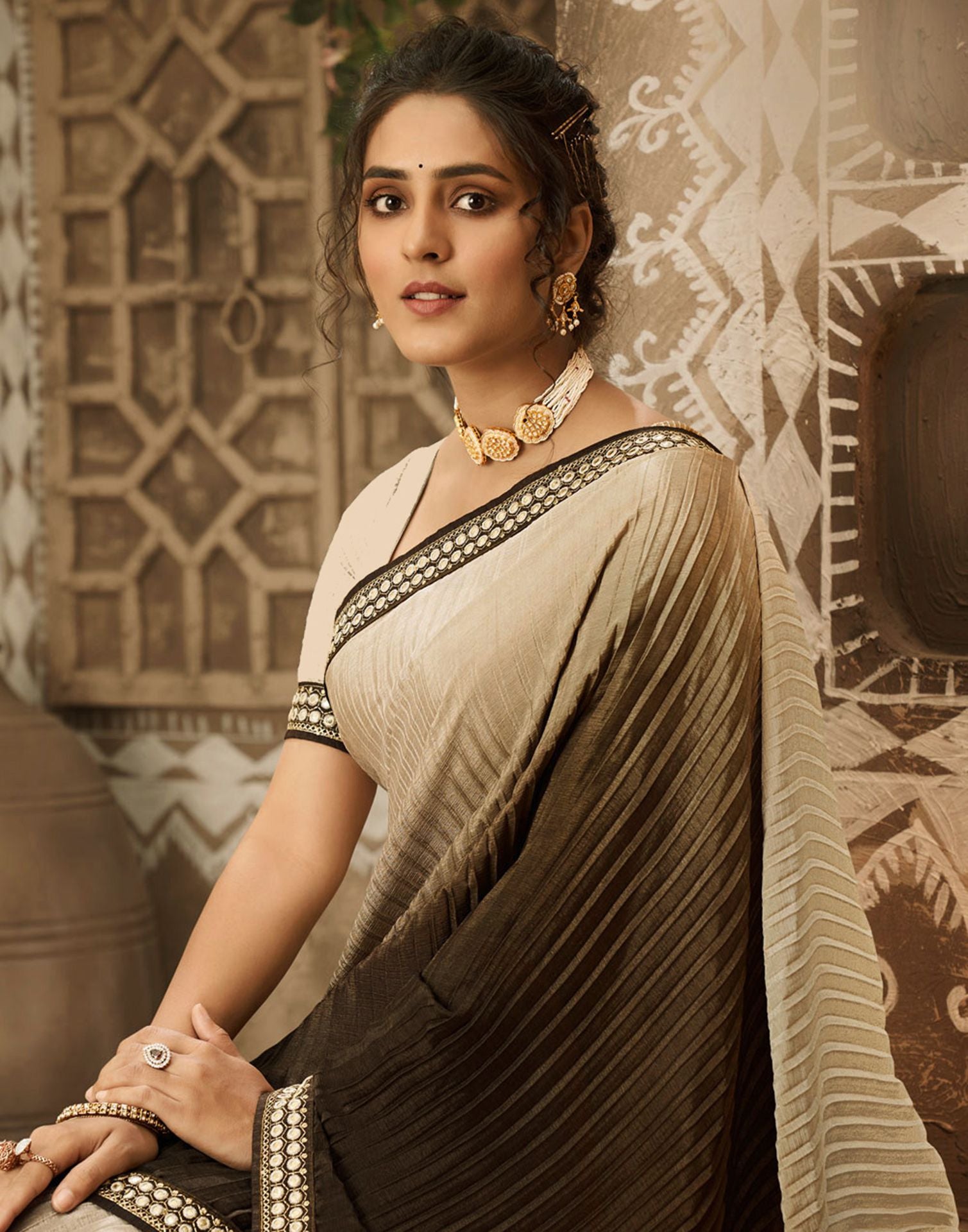 Buy V And V Shop Solid/Plain Bollywood Jacquard Brown Sarees Online @ Best  Price In India | Flipkart.com