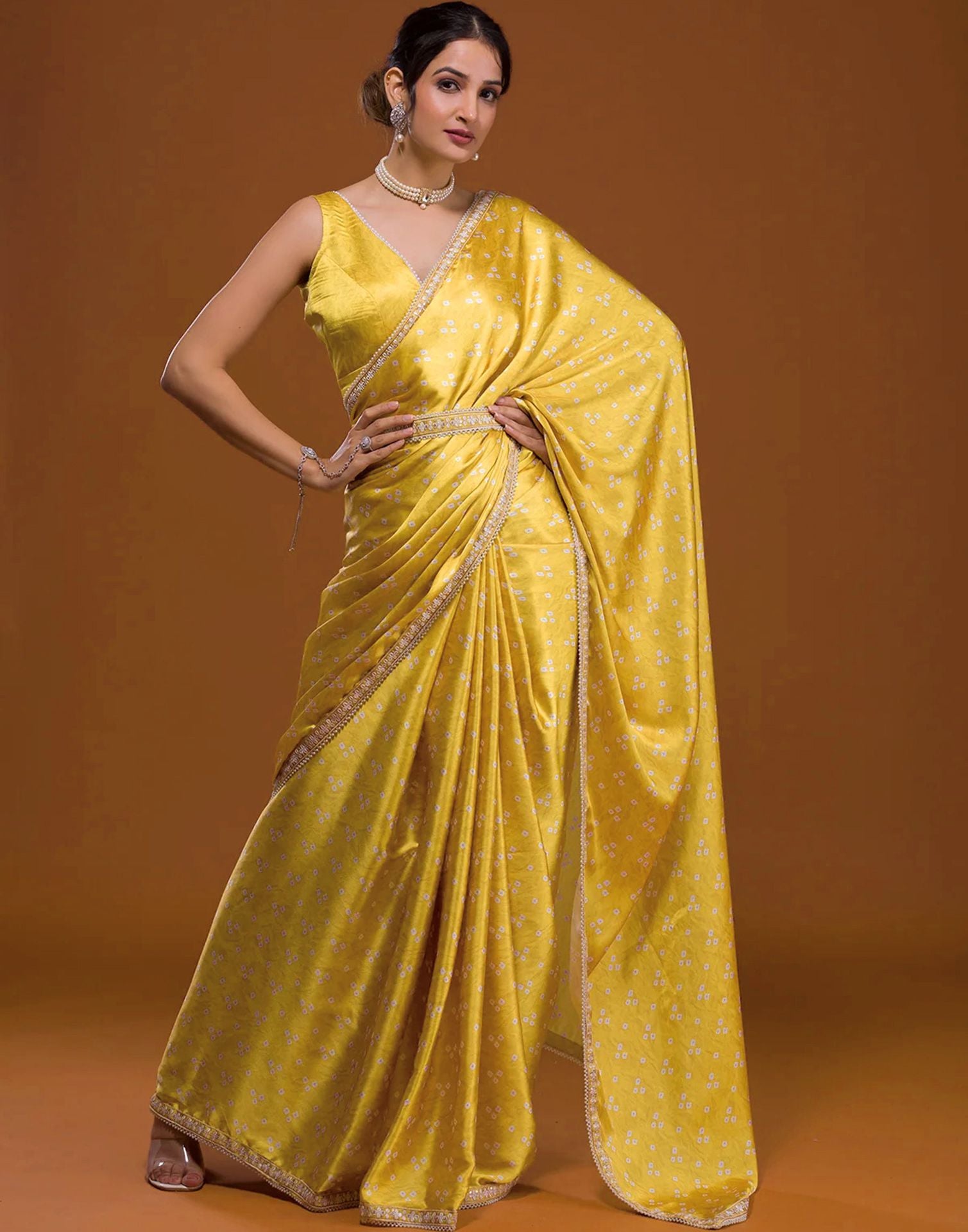 Yellow Beautiful Gharchola Bandhani Saree Catalog Sagun