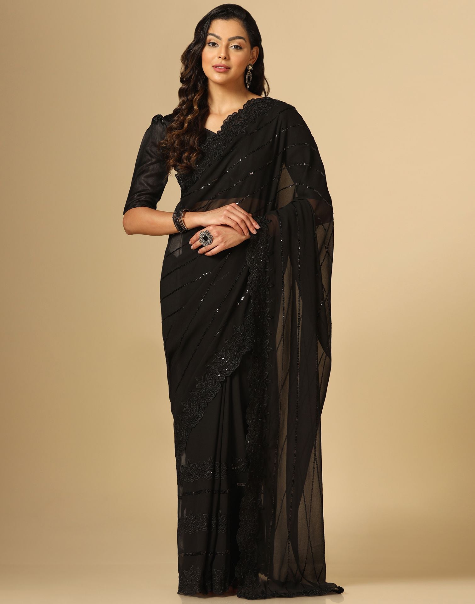 Black Plain Border Premium Polycotton Raw Silk Saree For Jewellery Sho–  Uniform Sarees