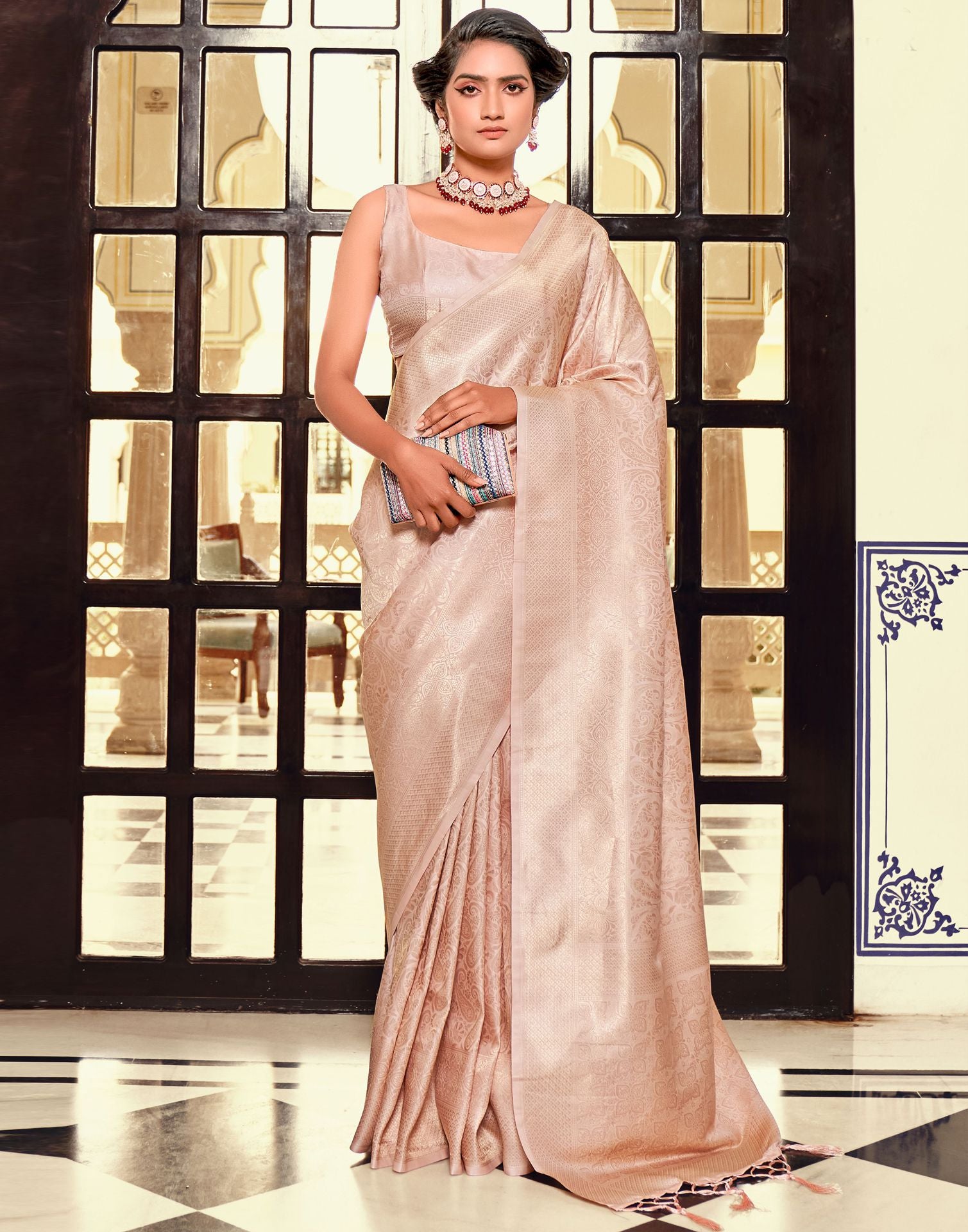 Buy Beautiful Cream Silk Wedding Saree in USA @ Inddus.com.