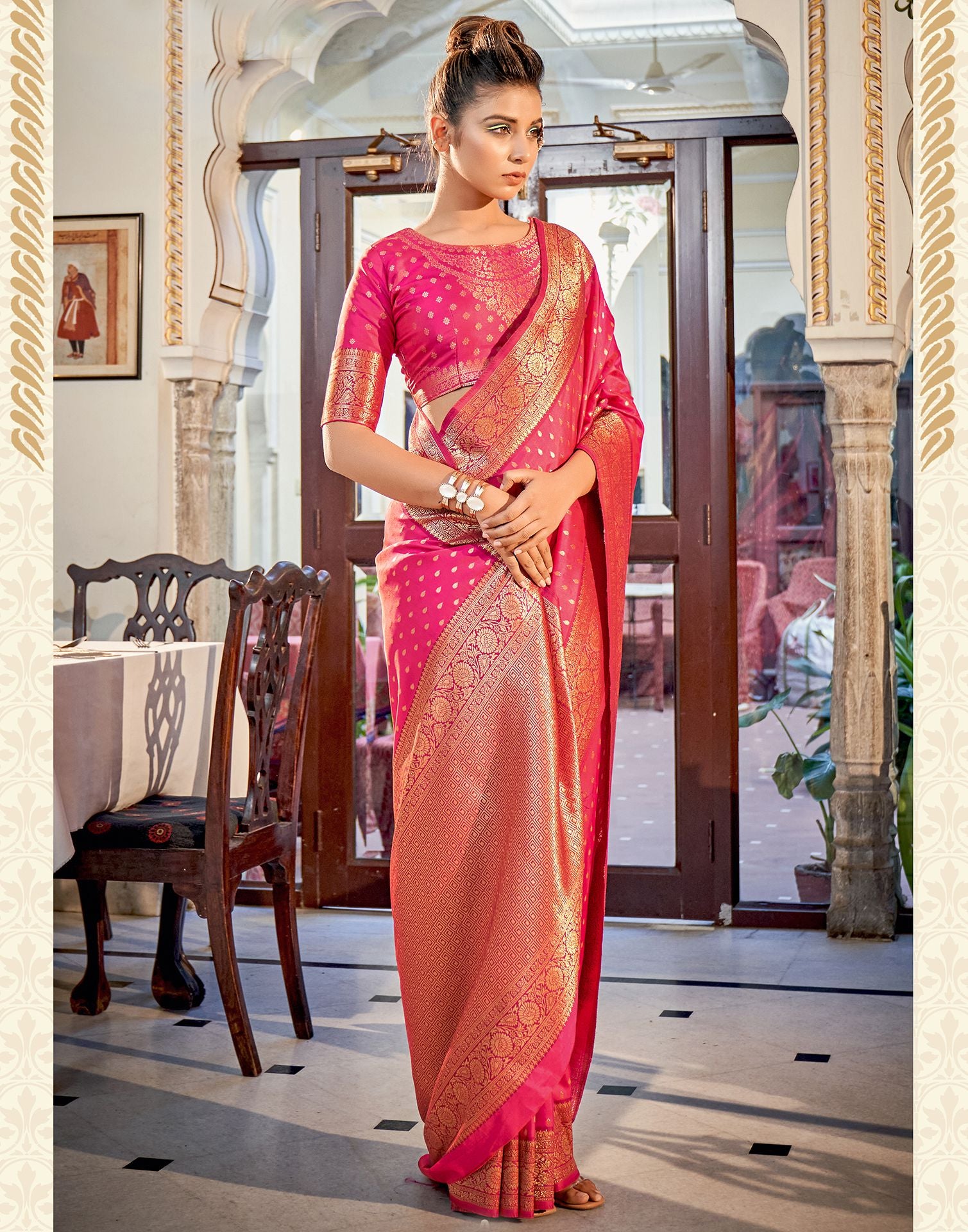 Shop Pink Mashru Silk Meenakari Jaal Design Weaved Banarasi Saree – BUNKALA