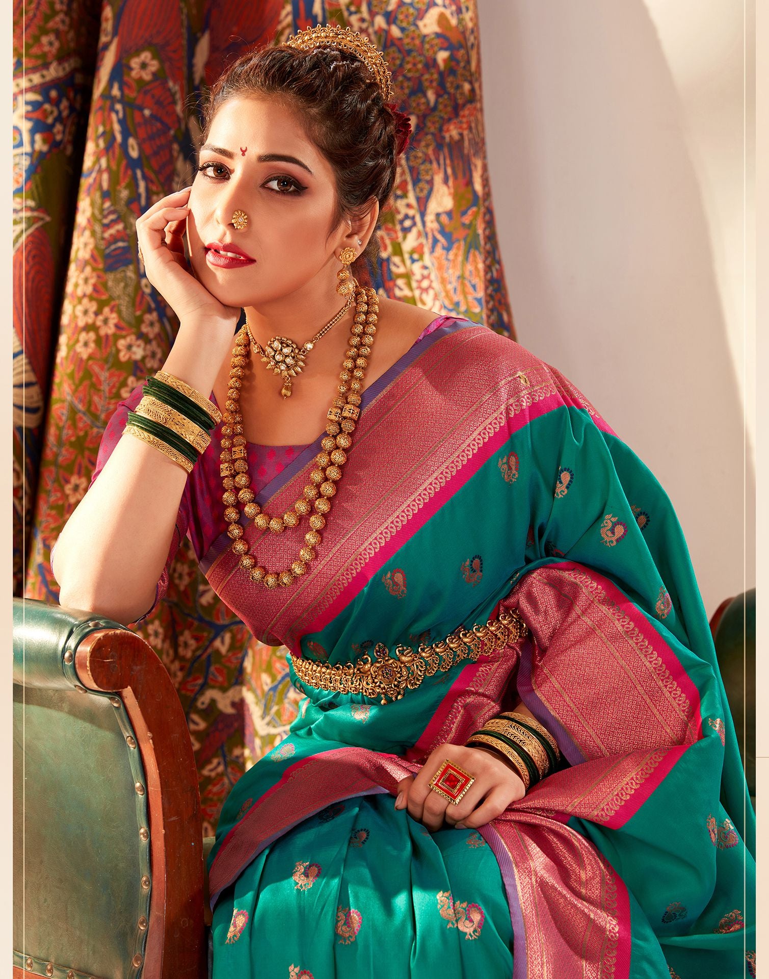 Dark Sea Green Paithani Print Brasso Silk Saree With Embroidered Blouse |  Kolour