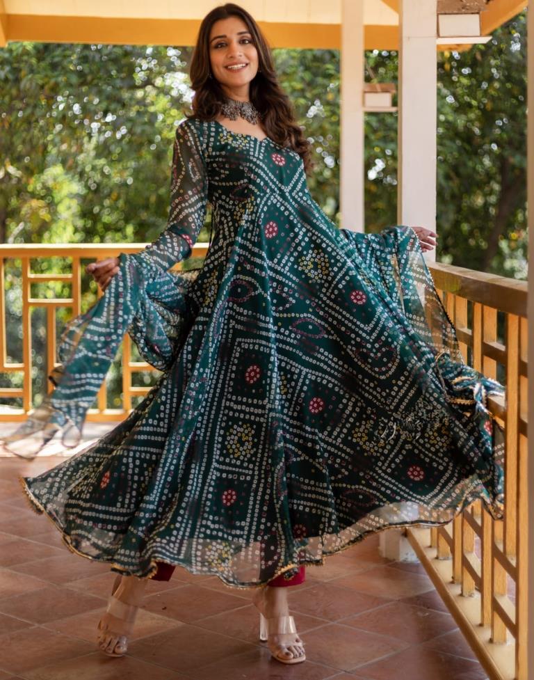 Green Printed Georgette Flared Kurta With Dupatta