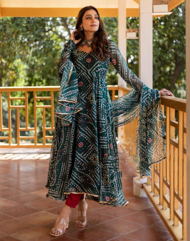 Green Printed Georgette Flared Kurta With Dupatta