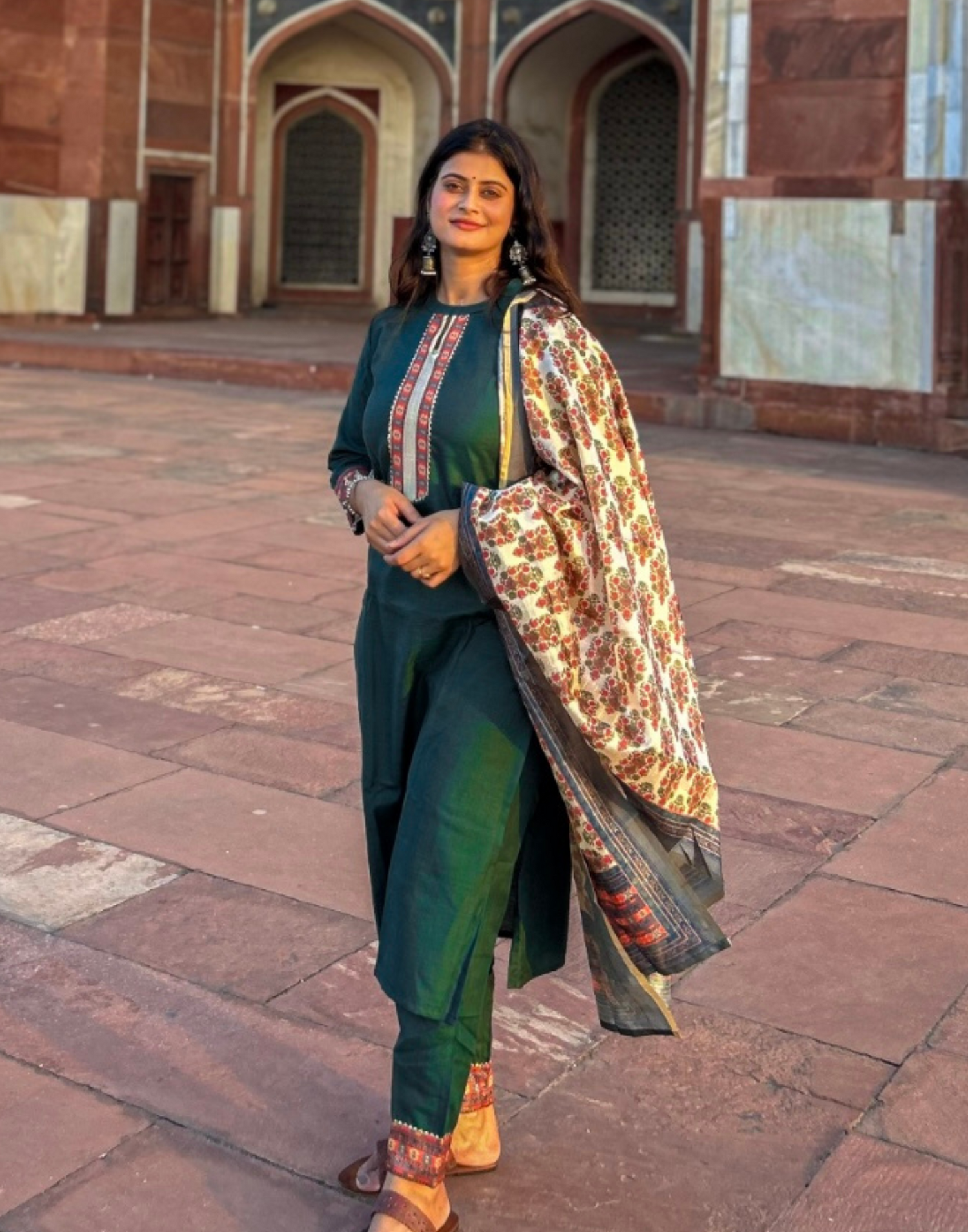 Bottle Green Kurti With Pant And Dupatta