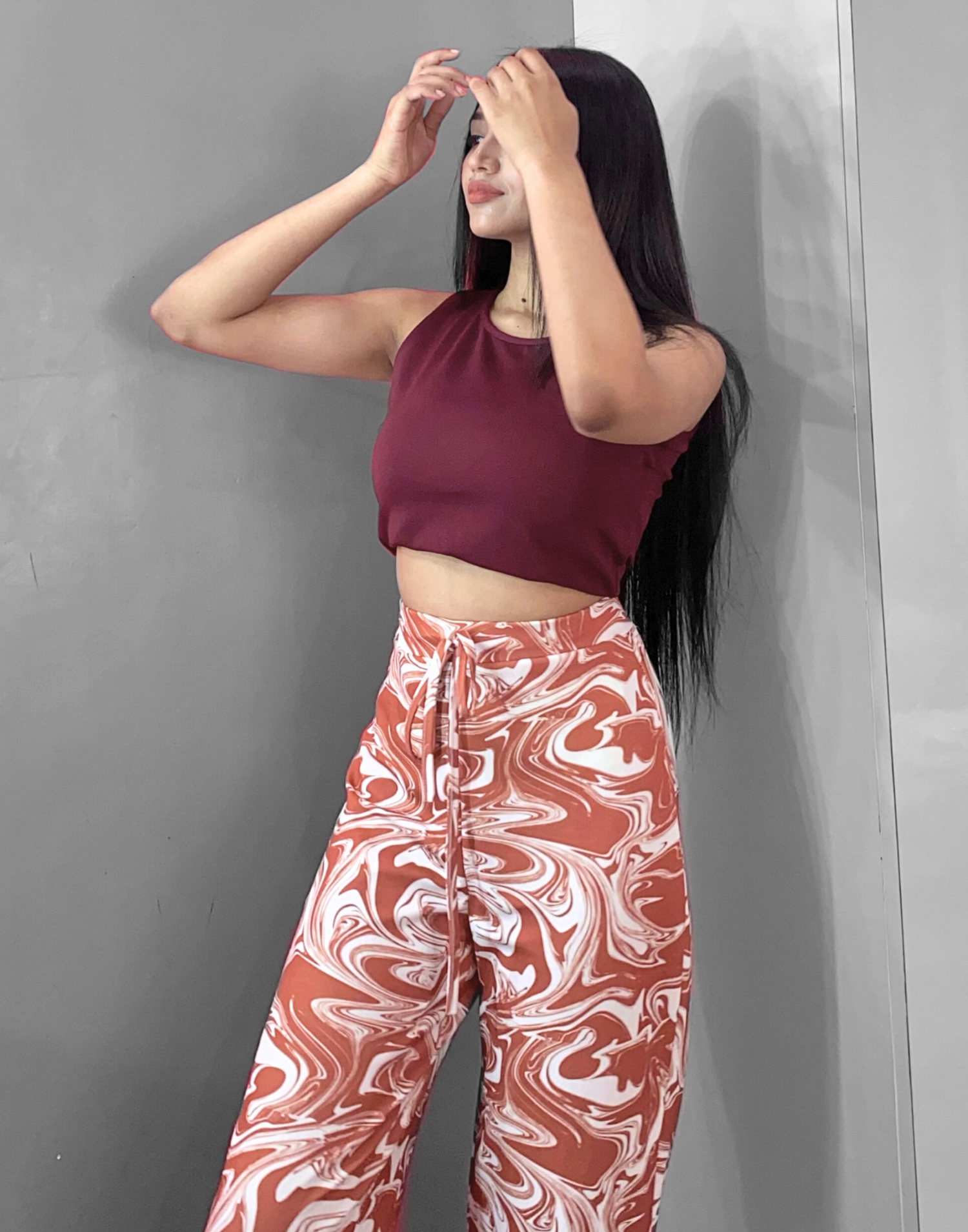 Maroon Tank Top With Printed Straight Fit Trouser | Leemboodi