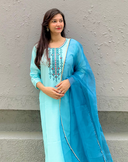 Light Blue Cotton Embroidery Straight Kurta With Pant And Dupatta