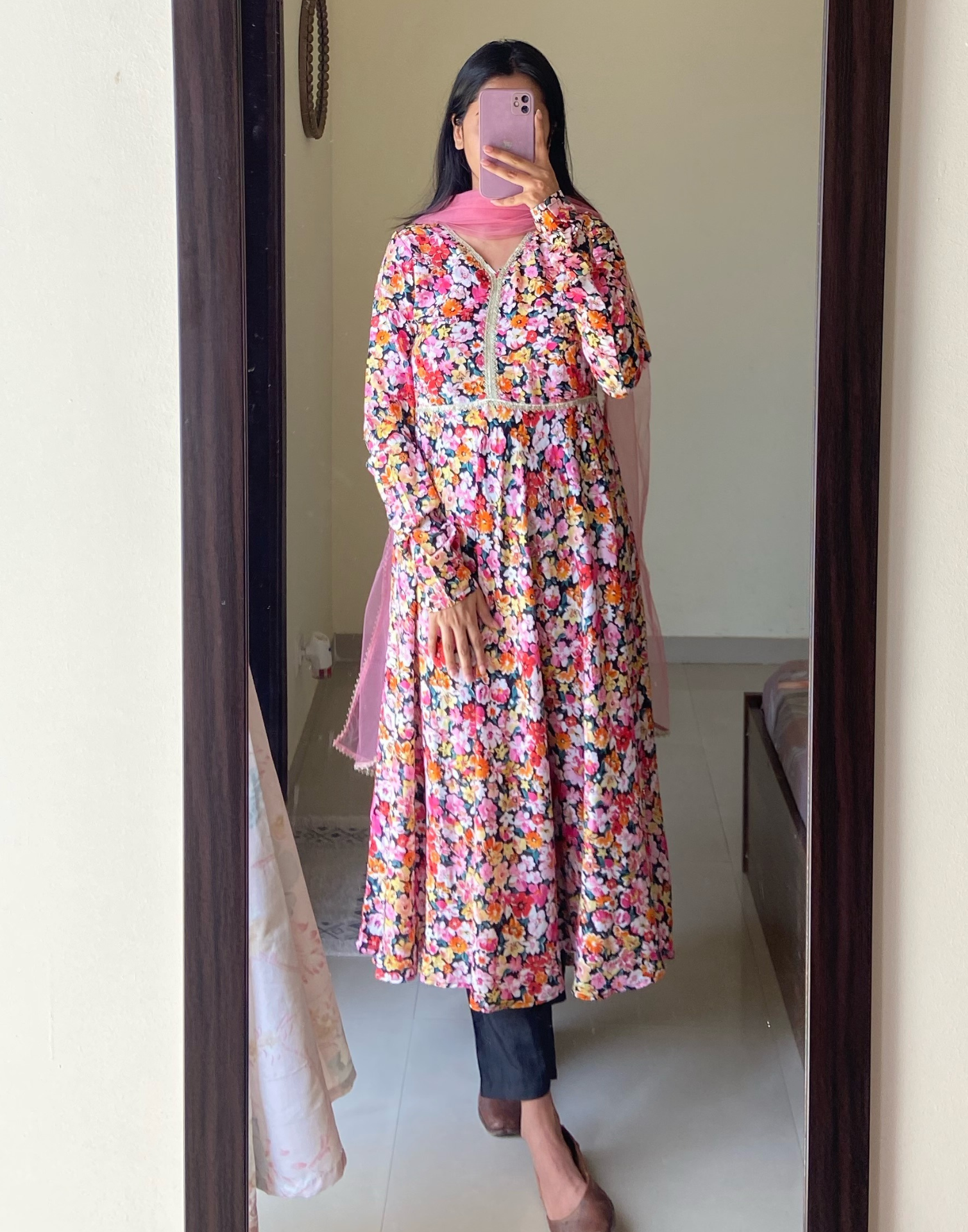 Multicoloured Printed Flared Kurta Kurti With Pant And Dupatta