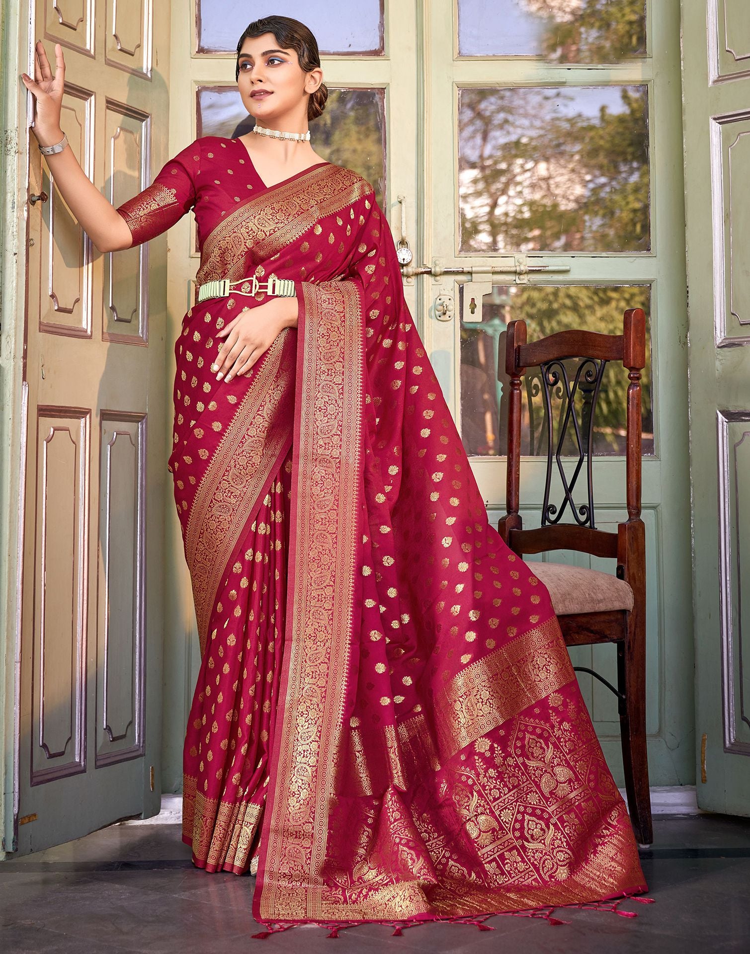 MEHANDI GREEN and DARK PINK BUTTIS SICO Saree with BANARASI FANCY