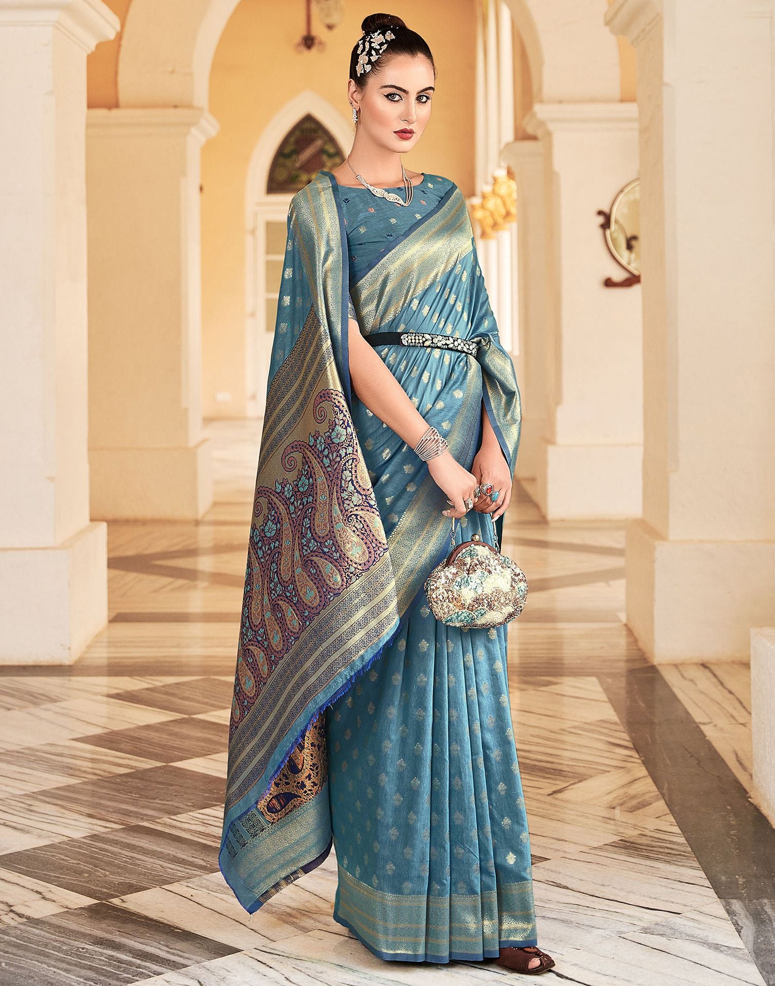 Sky Blue Kanchipuram Silk Saree