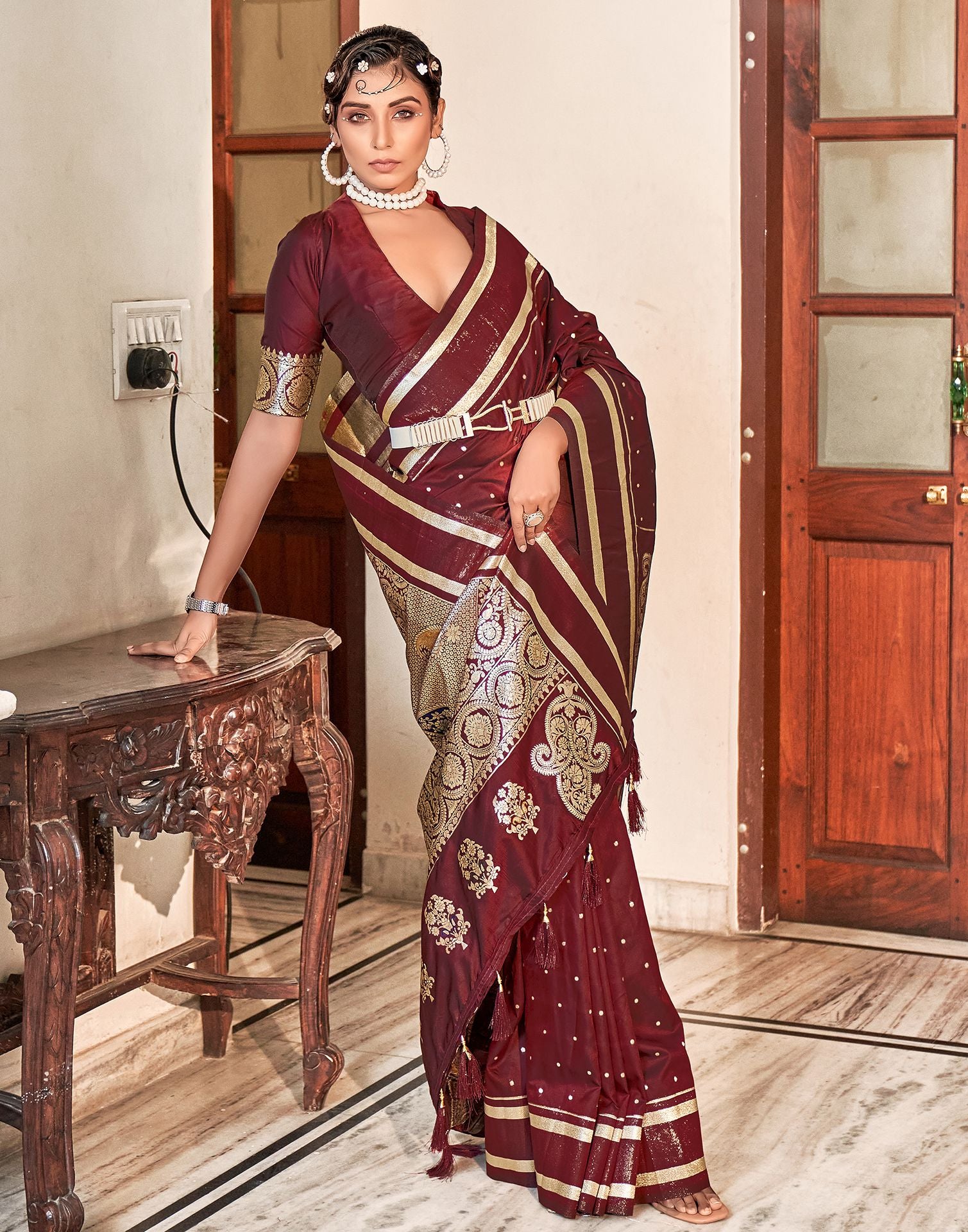 Shop Maroon Banarasi Khaddi Georgette Saree | Jhakhas