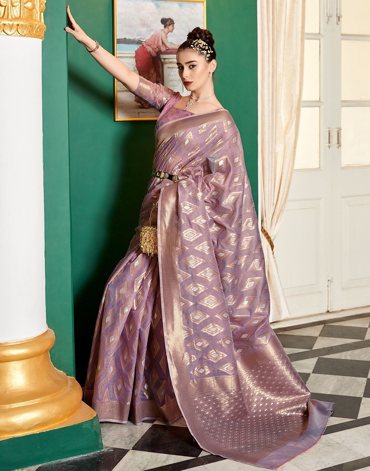 Buy Purple with golden work Chanderi Silk Cotton Saree ZA-289 Online in  India