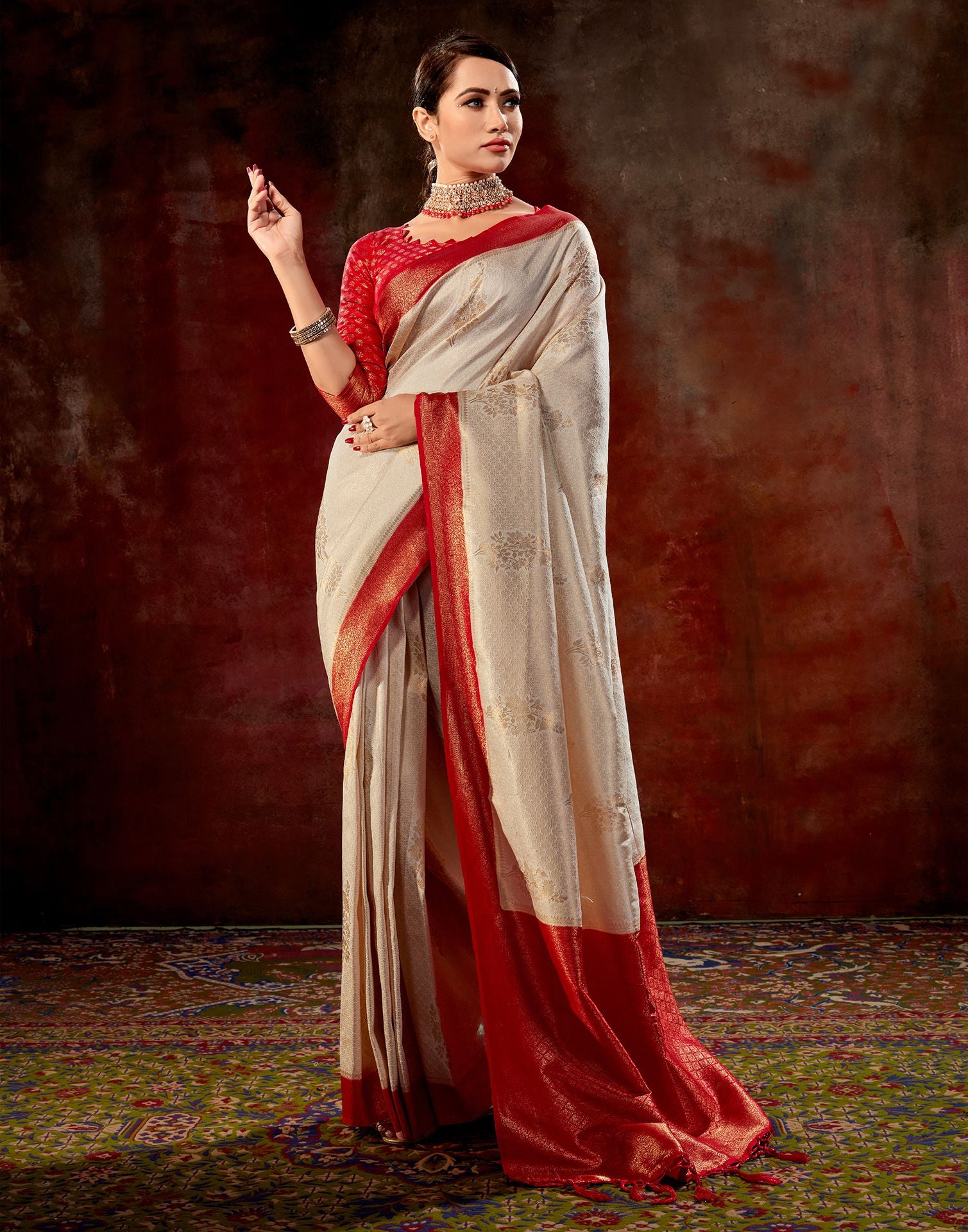 Traditional look cream color pure lichi silk banarasi saree – Joshindia