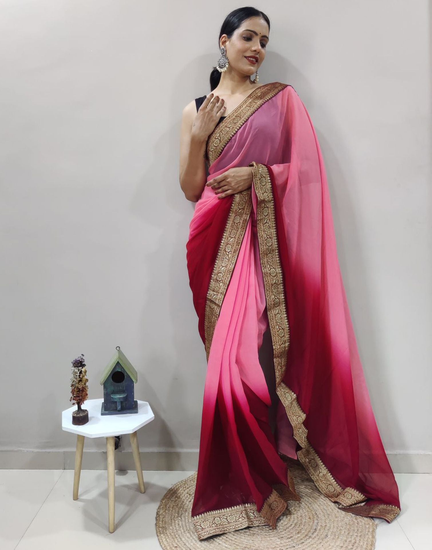 Light Pink And Black Pleated Saree | Leemboodi