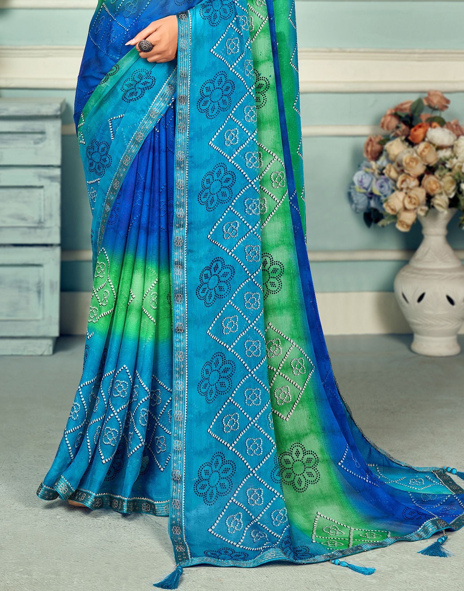 Chiffon Sea Green And Sky Blue Bandhani Saree