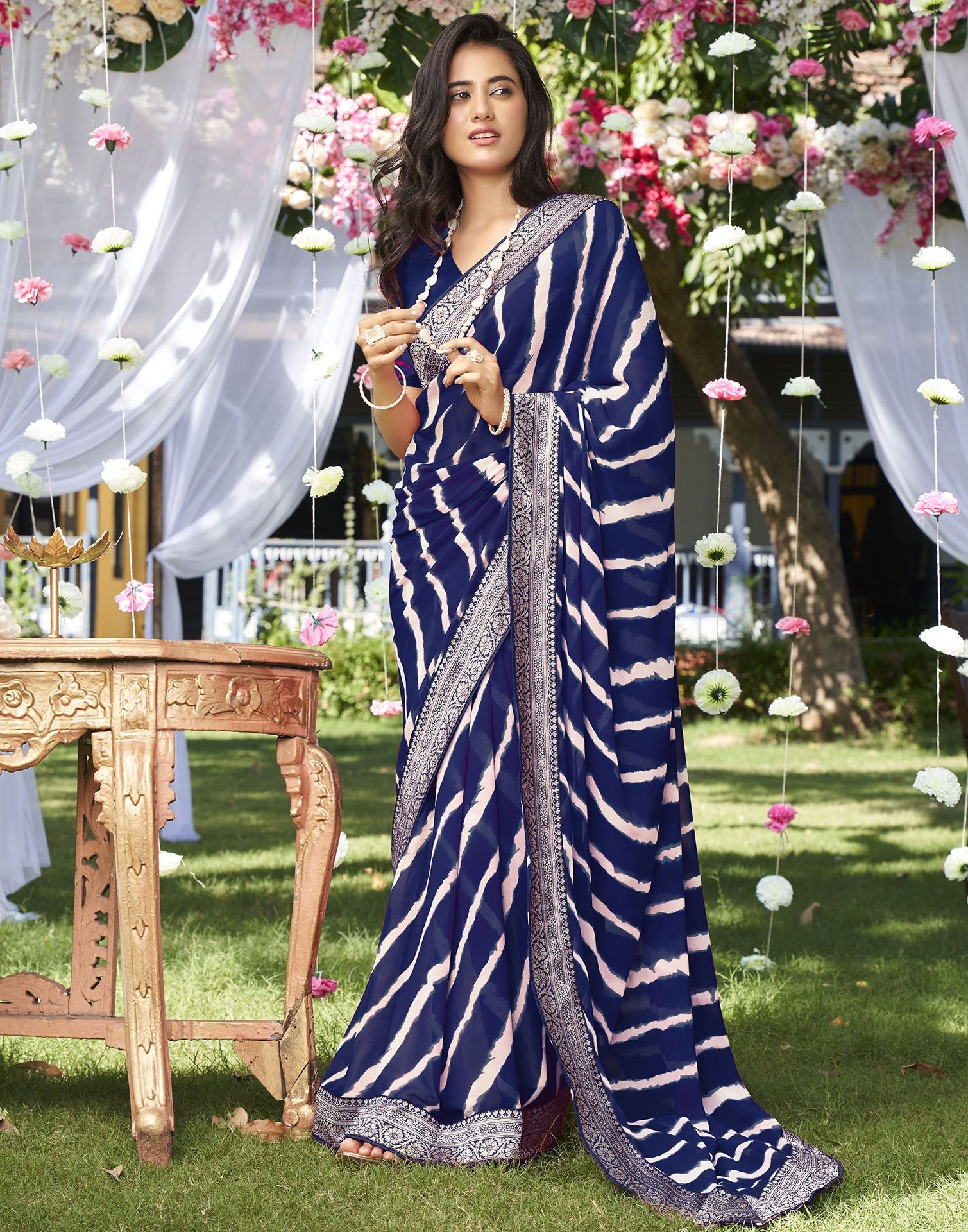 Buy Striped Printed Saree With Cuff Sleeves Blouse by Designer PUNIT BALANA  Online at Ogaan.com