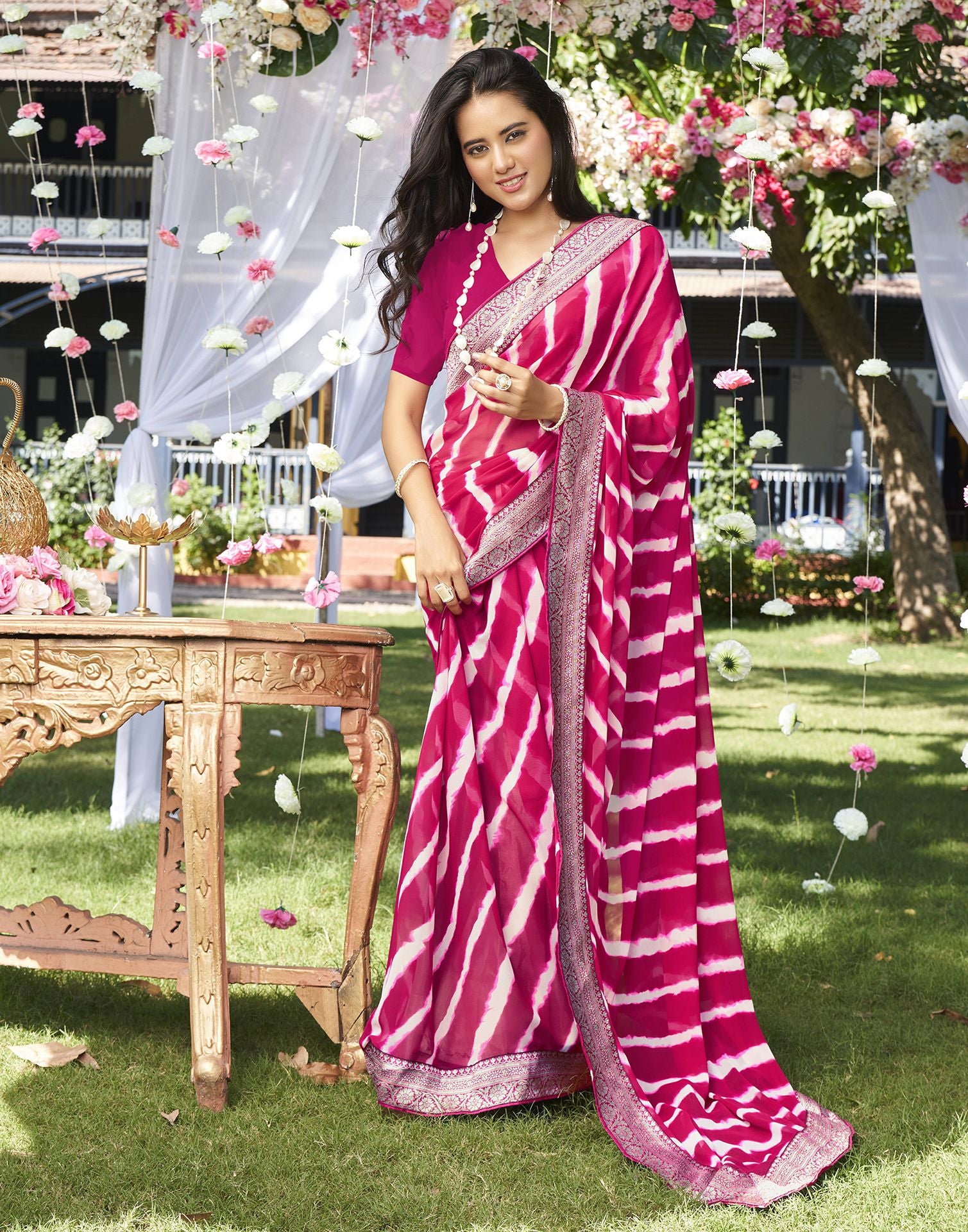 Satrani Rose Pink Printed Saree With Unstitched Blouse