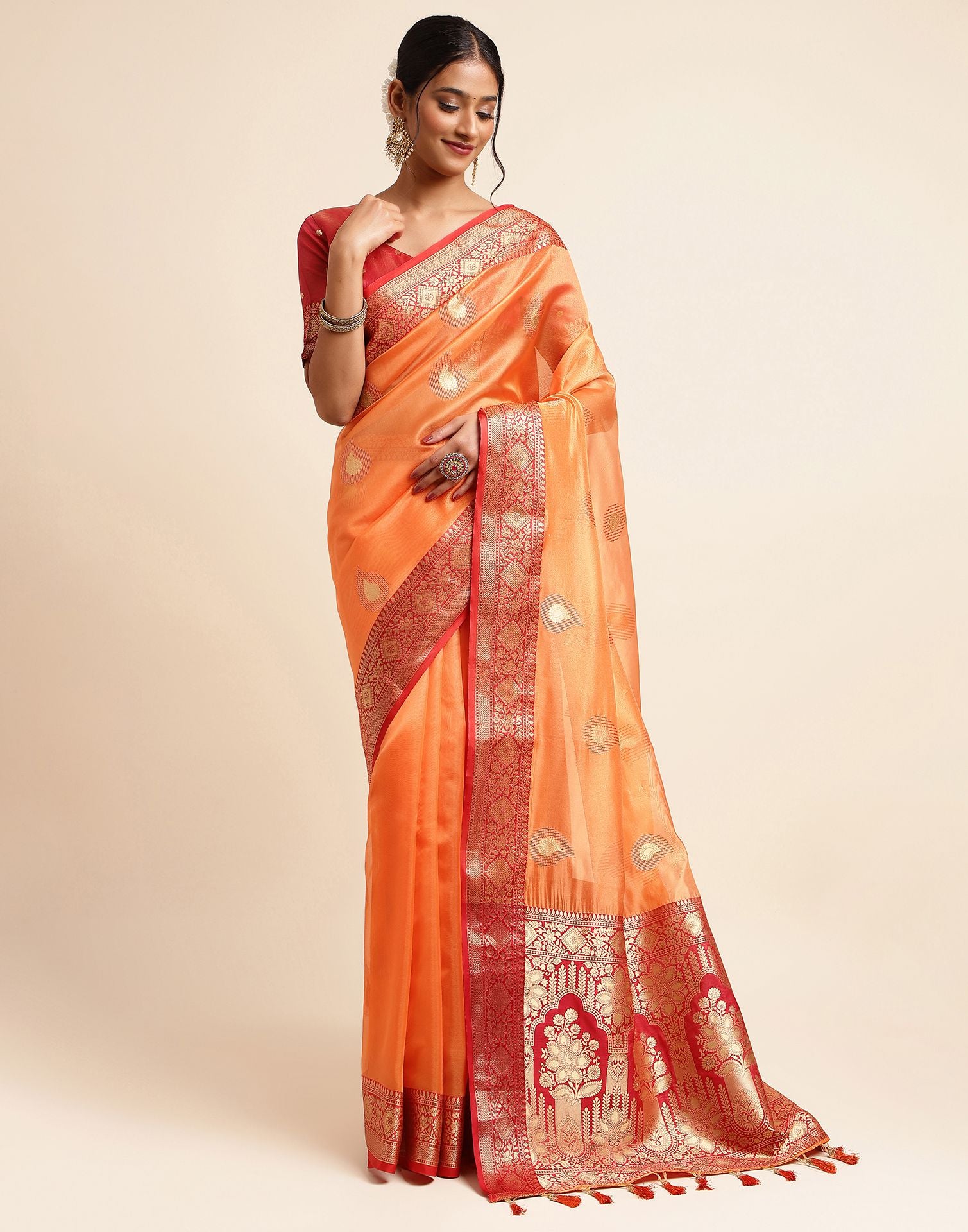 Buy Marigold Orange Banarasi Saree online-Karagiri