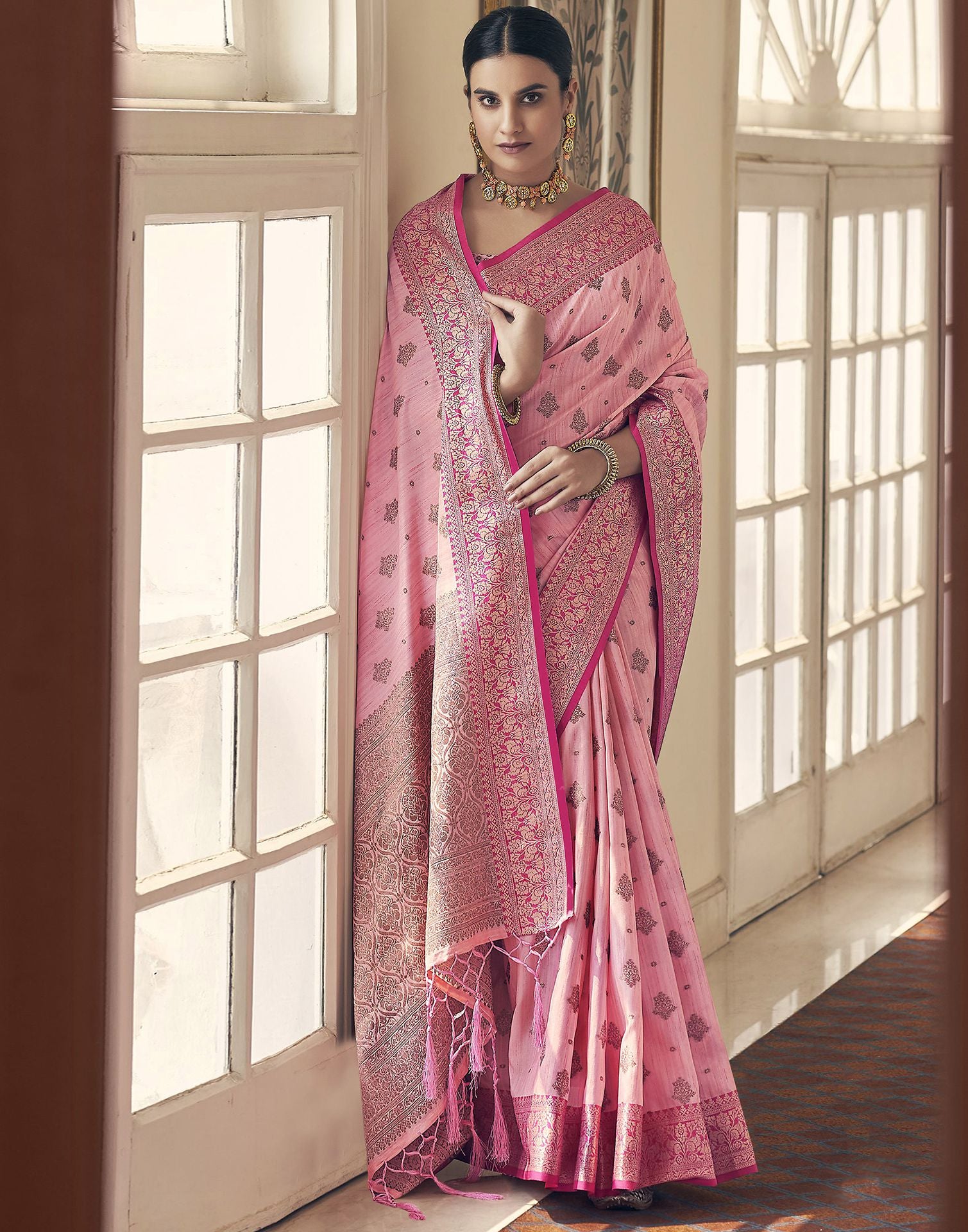 Hot Pink Pure linen Banarasi Saree — The Handlooms