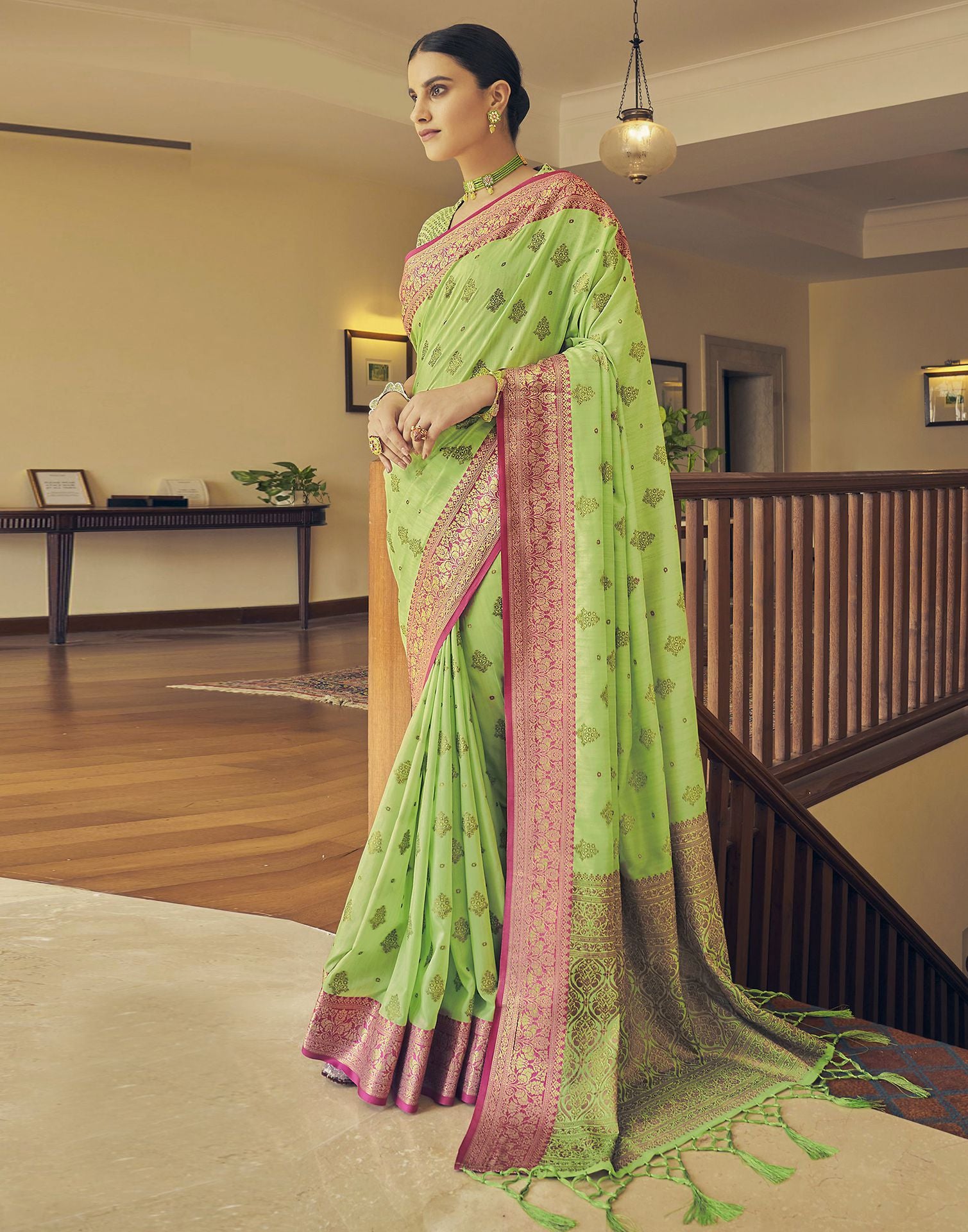 Parrot green woven banarasi silk saree with blouse - Griva Designer -  4148905