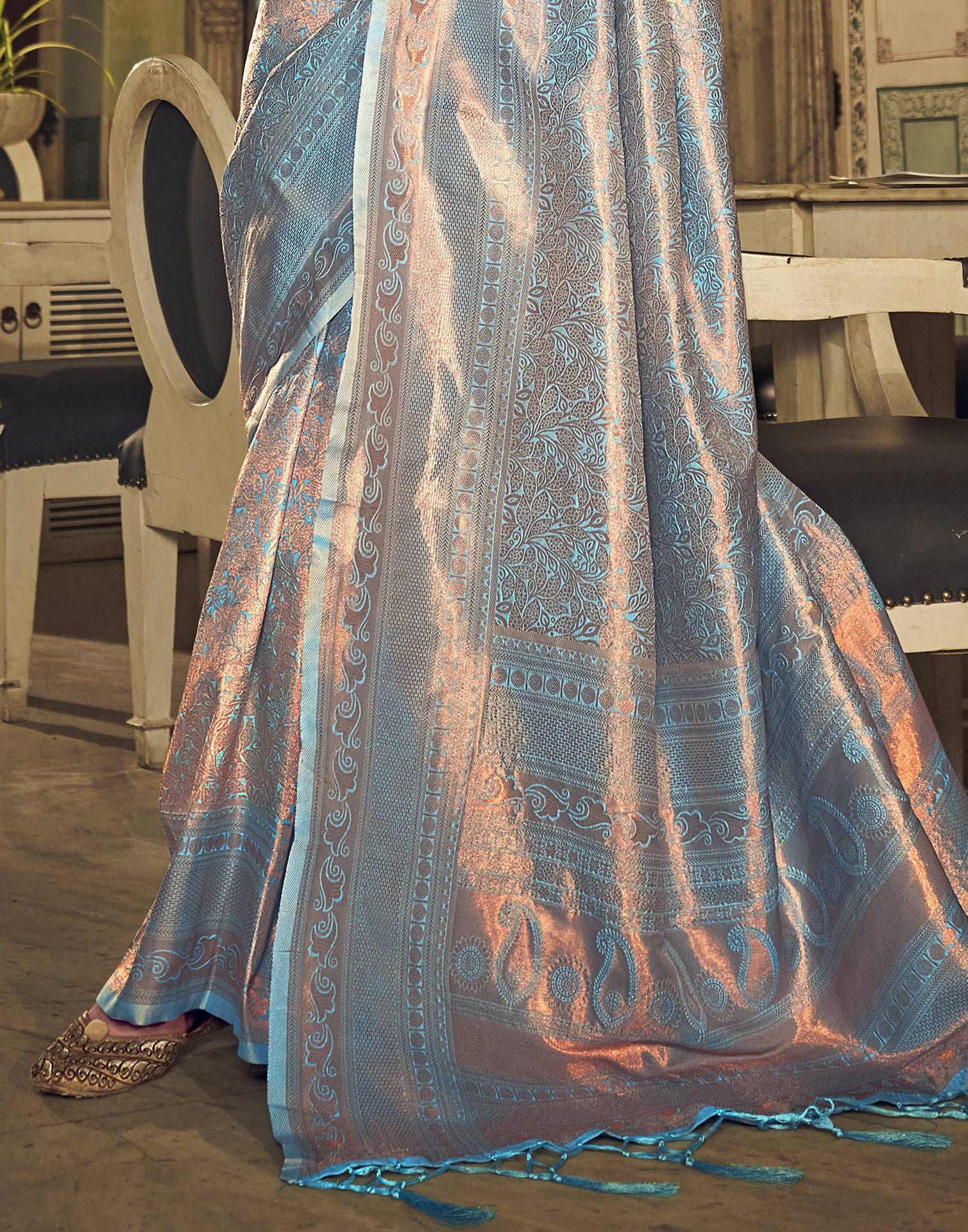 Light Blue Kanjeevaram Silk Saree With Navy Blue Border | Blue silk saree,  Silk sarees, Saree