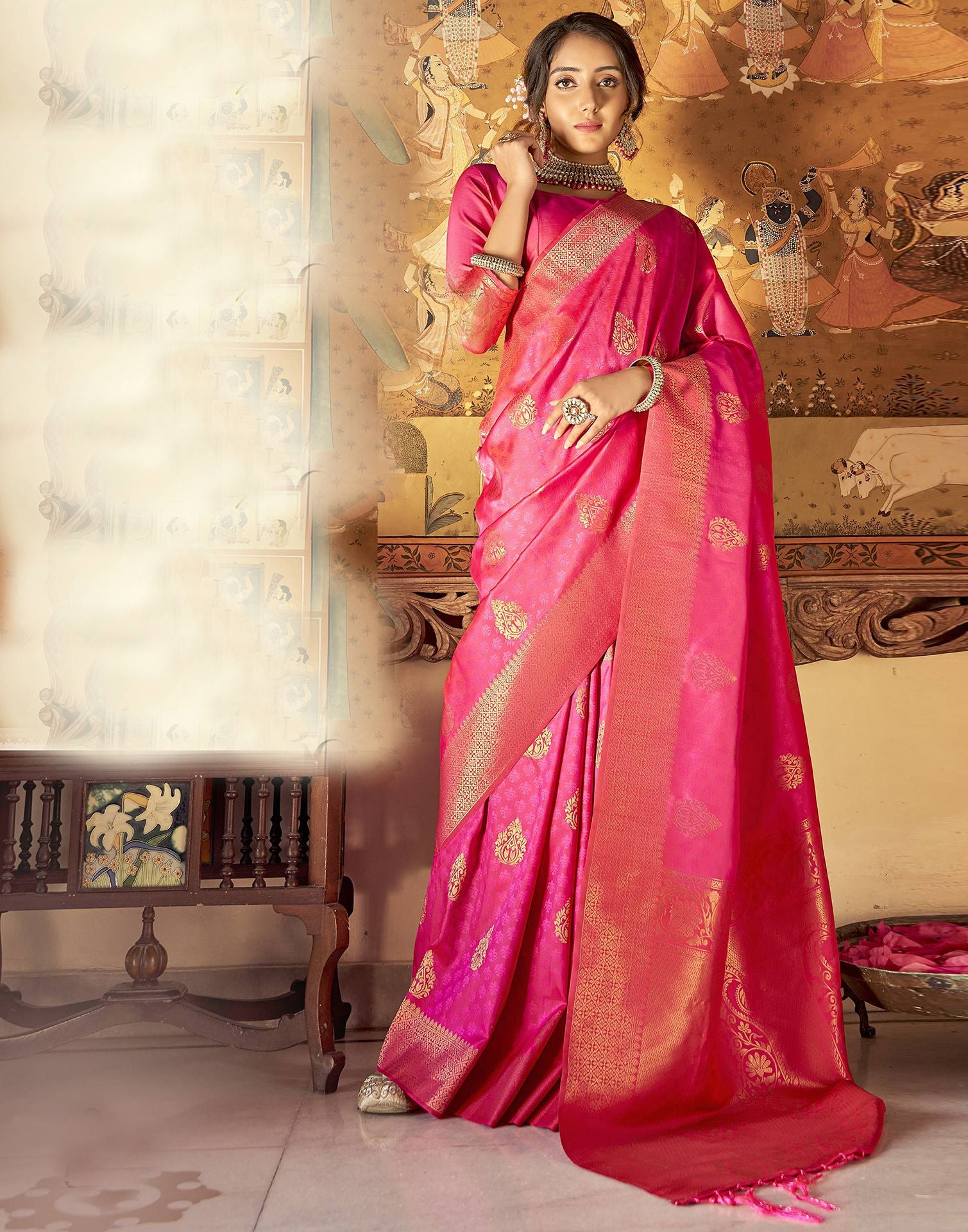 Rani Pink Banarasi Saree with Meenakari - Urban Womania