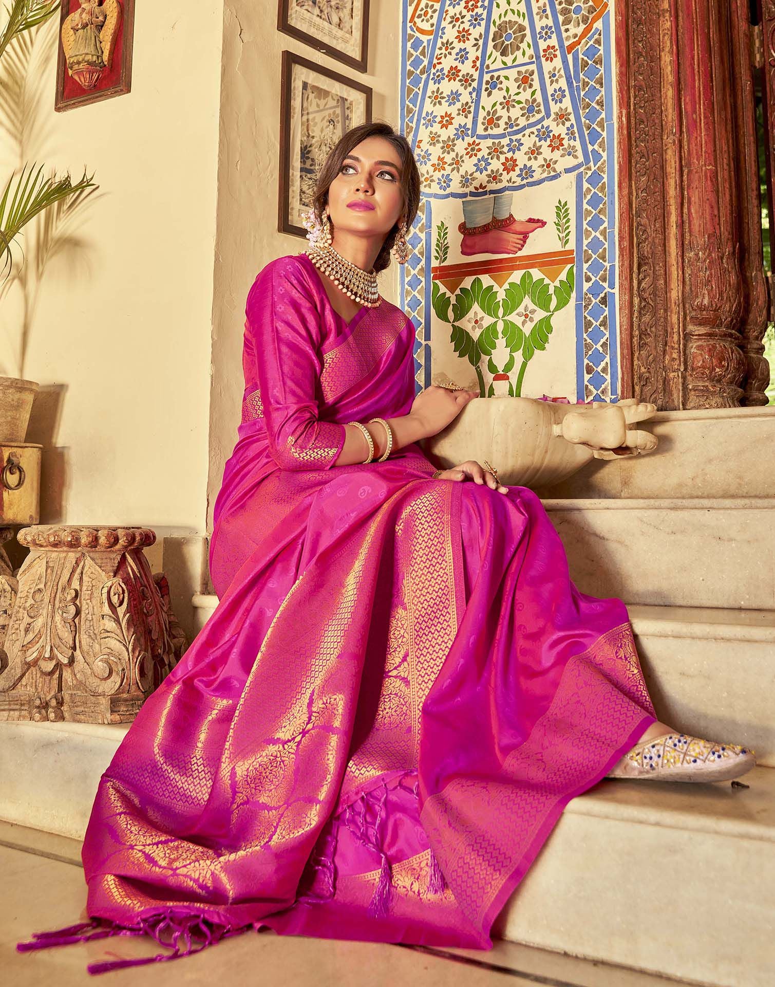 Bright Pink Soft Brocade Kanjivaram Saree – StylebyPanaaash