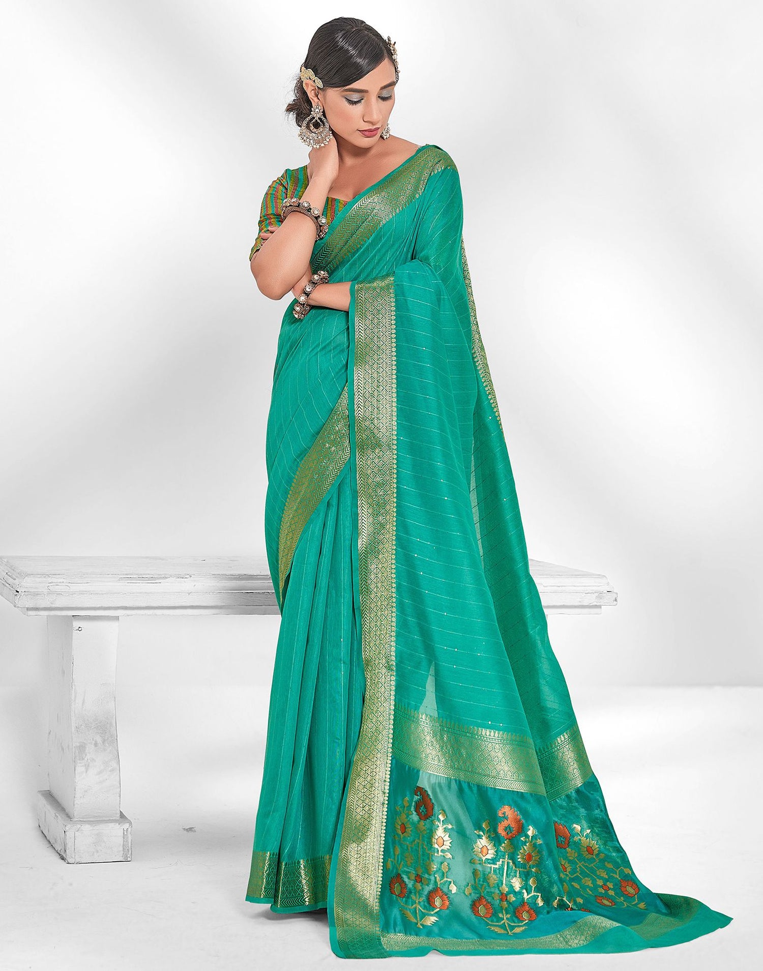 Turquoise Cotton Saree | Leemboodi