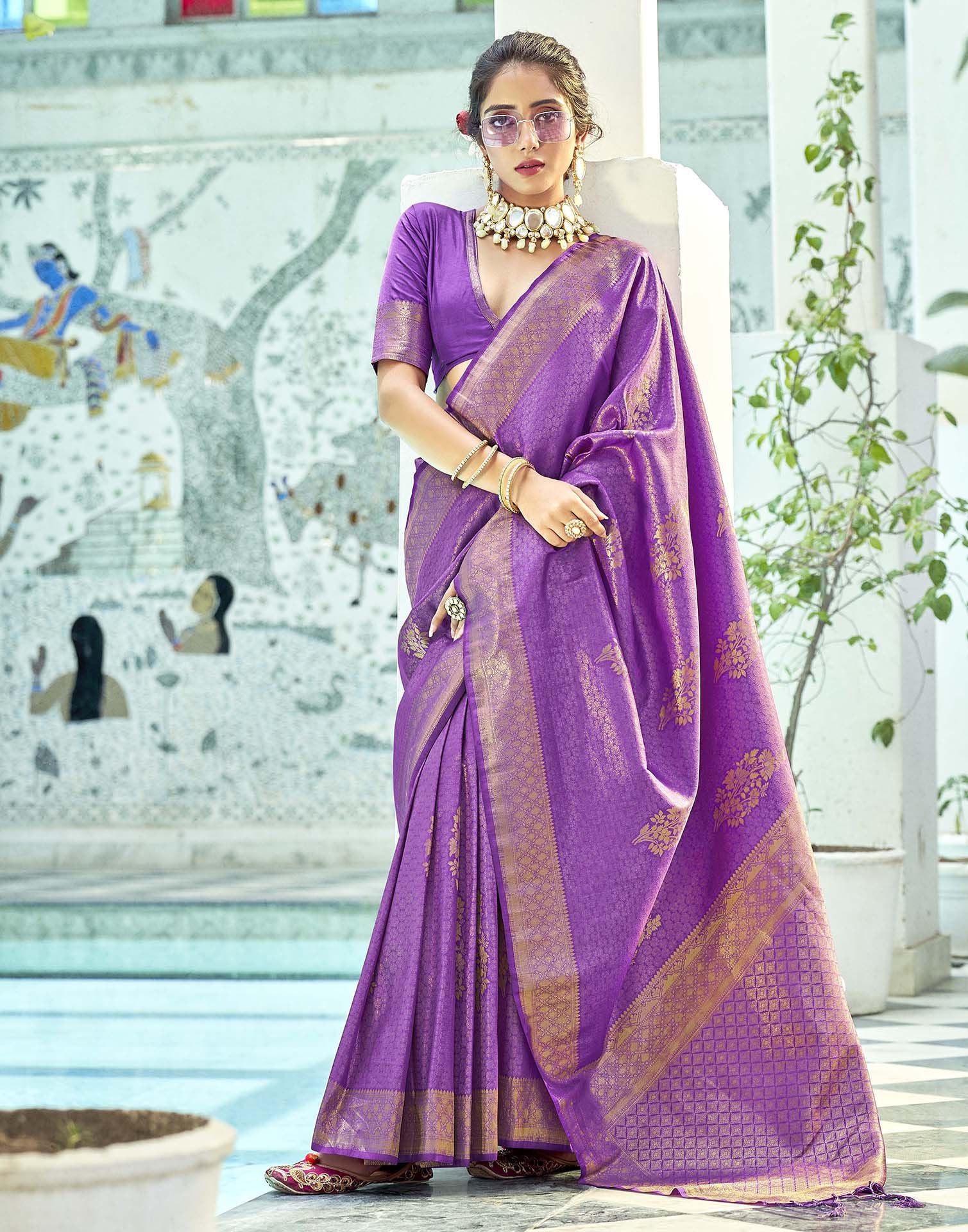 Purple Plain Silk Saree With Blouse - HITANSH FASHION - 3184653