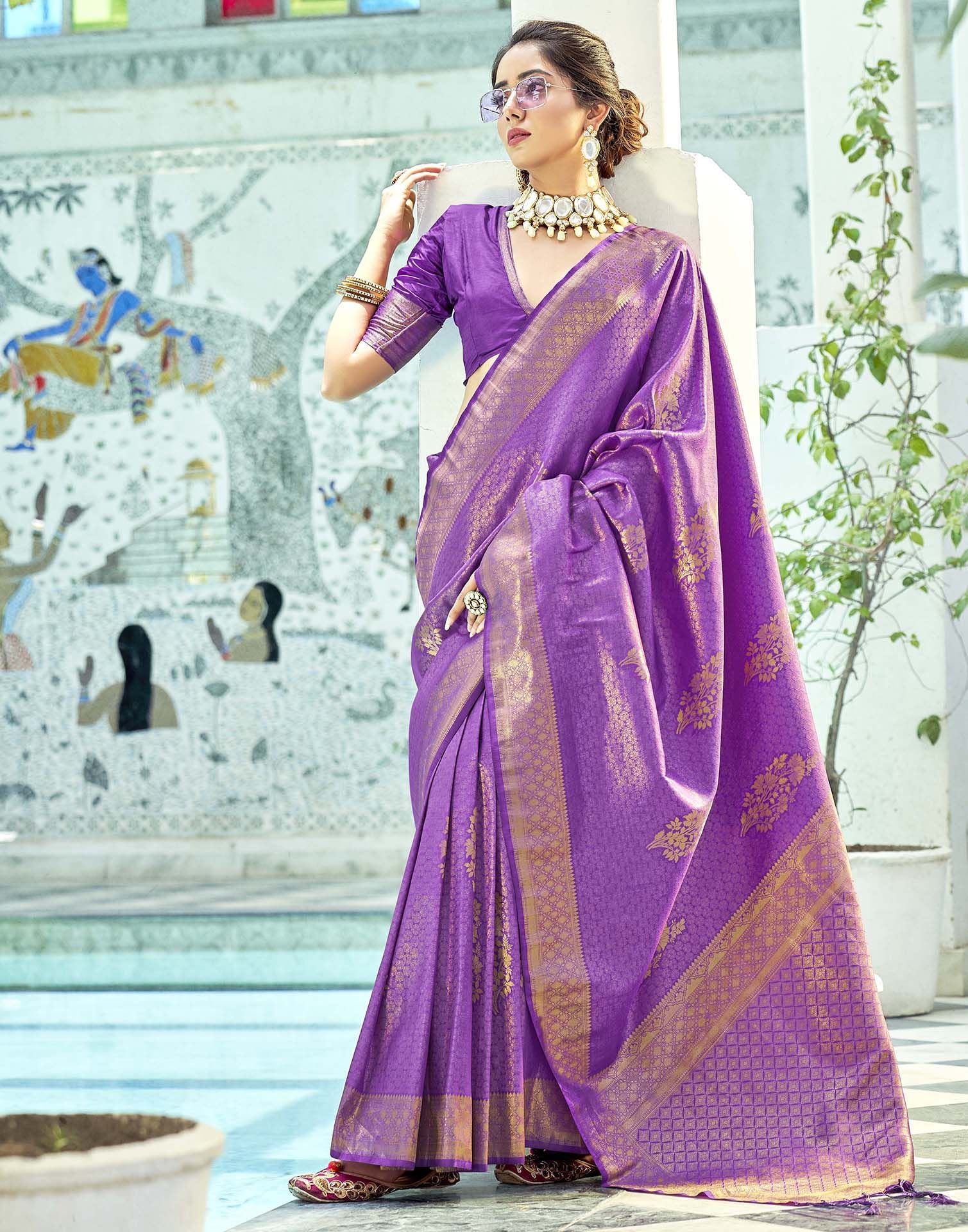 Purple Color Zari Woven Embellished Kanjivaram Pure Art Silk Saree