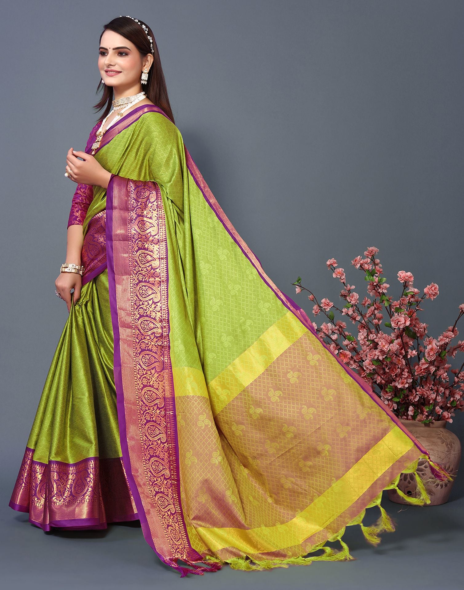 Threadwork Buttas Parrot Green Kanchi Cotton Saree – Sundari Silks