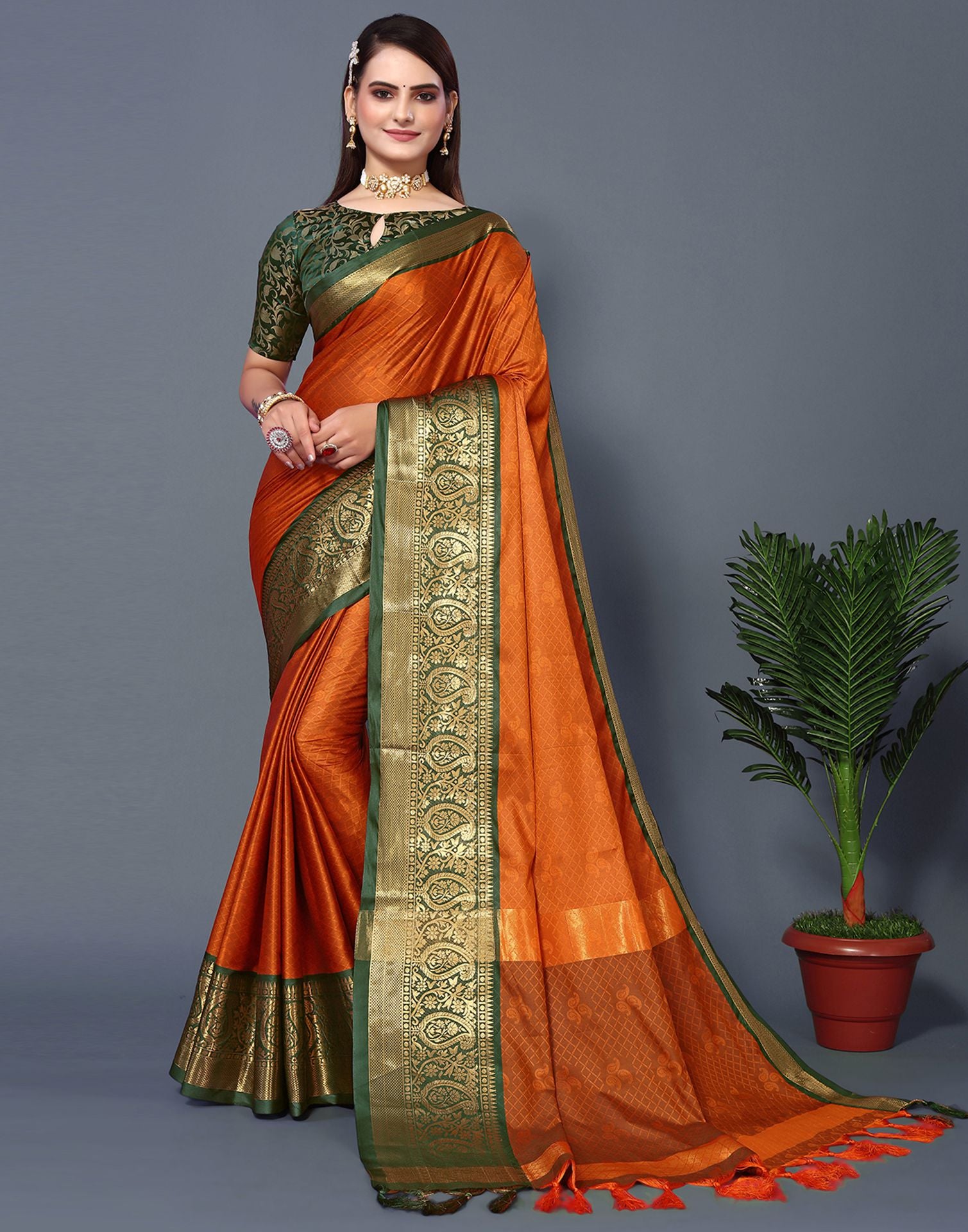 Dark Orange Silk Saree | Leemboodi