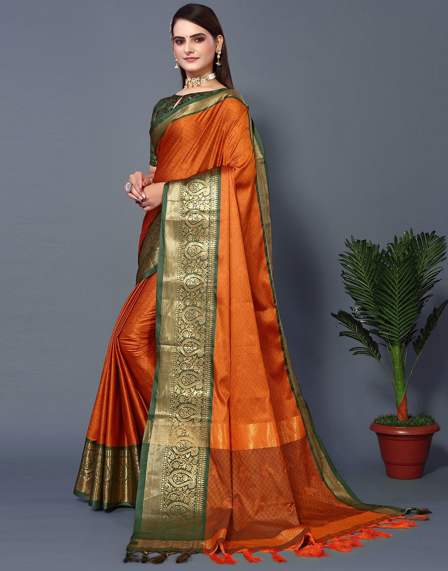 Dark Orange Dolla Silk Multi Work Saree - Zakarto