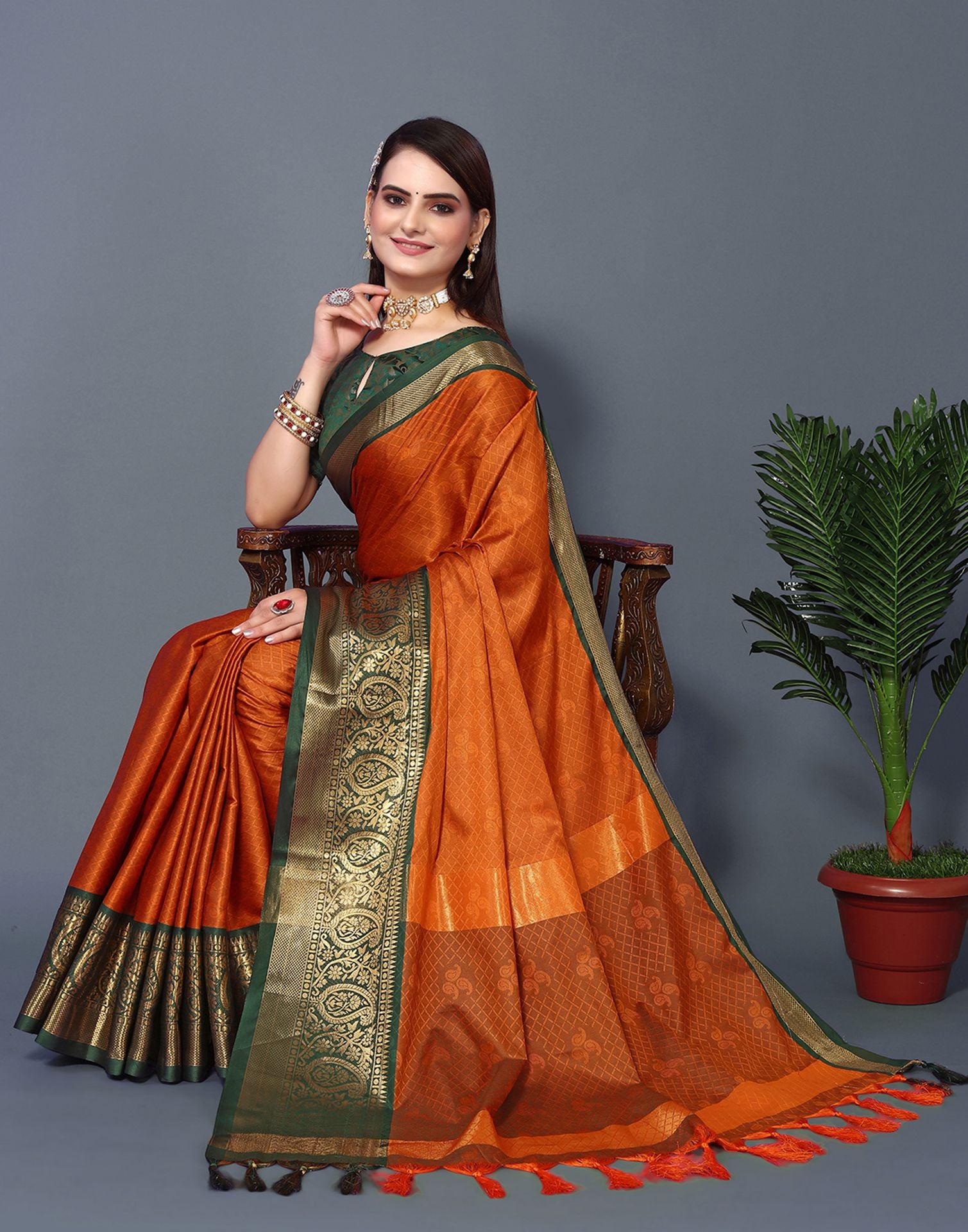 Dark Orange Weaved Zari Broad Border Silk Saree SARV157373