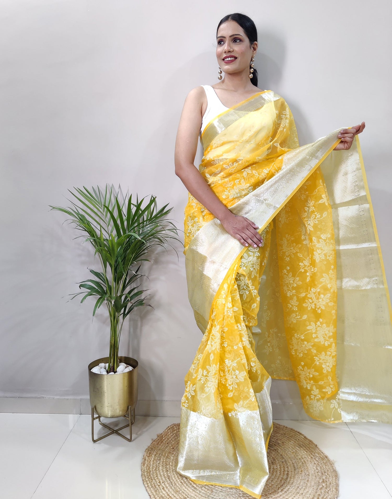 Yellow Organza Weaving Saree