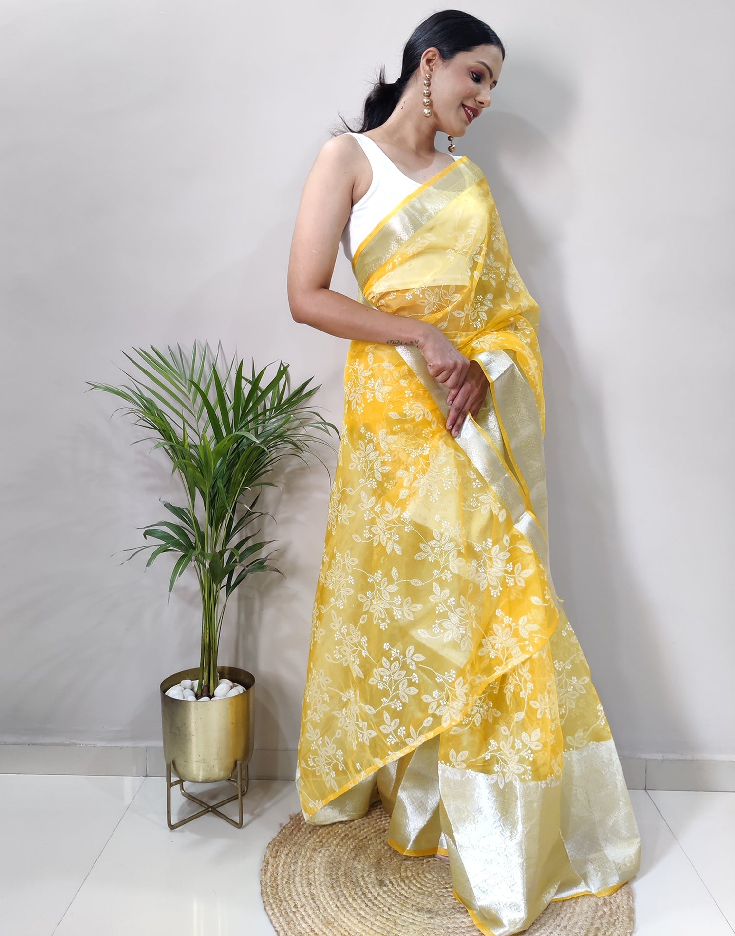 Yellow Organza Weaving Saree