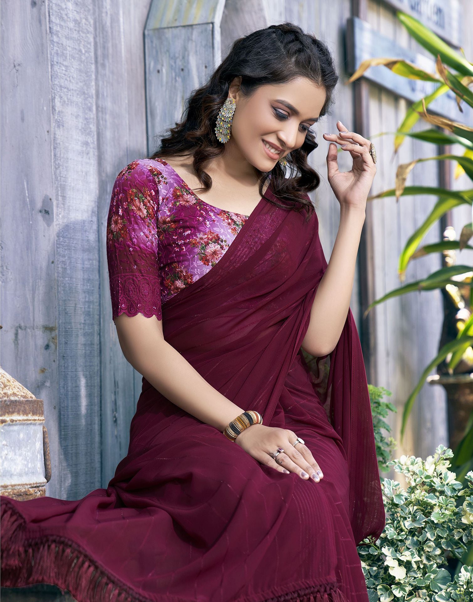 Maroon plain georgette saree with blouse - Sourbh Sarees - 3978704