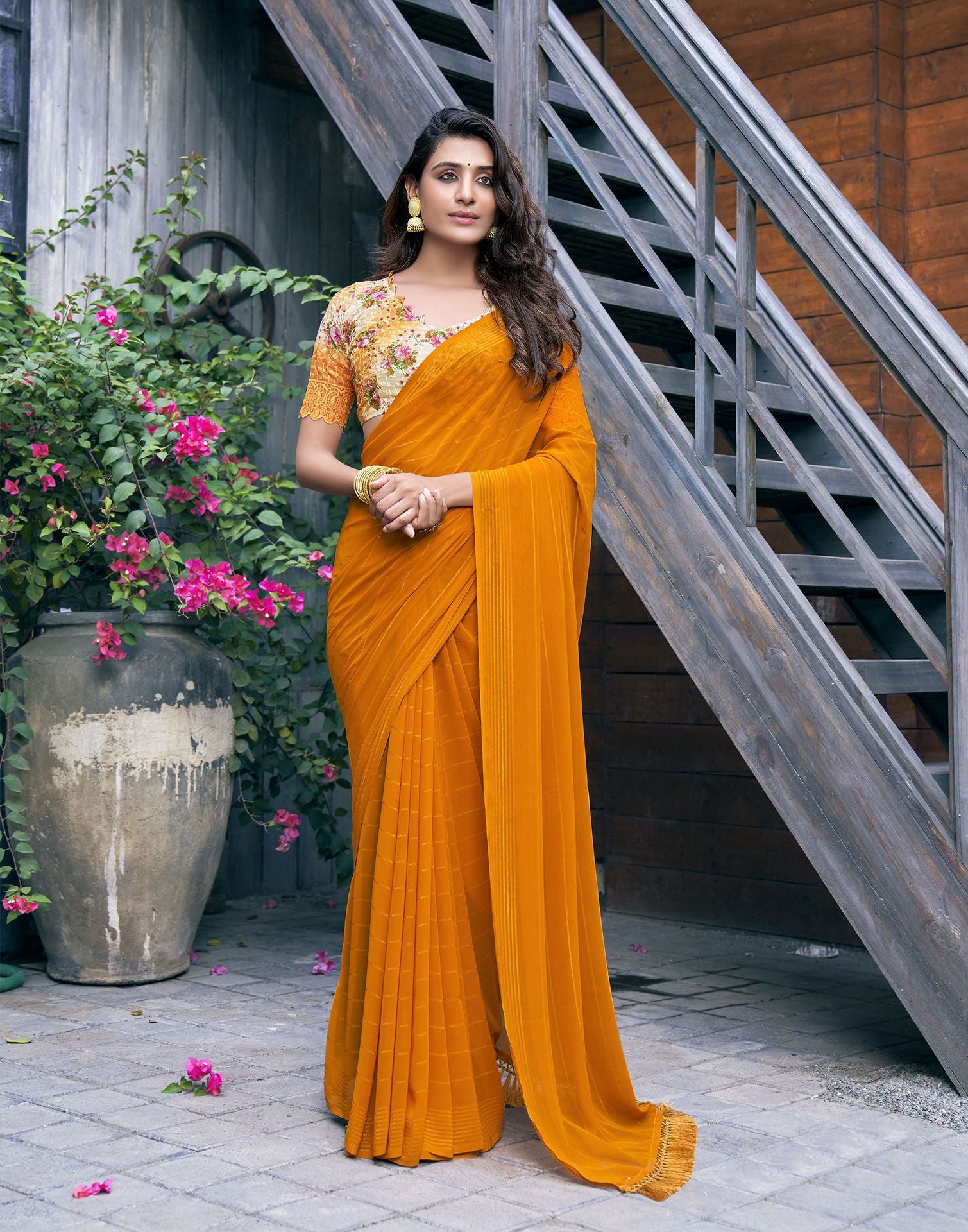 Chiffon Plain Musturd Yellow Saree