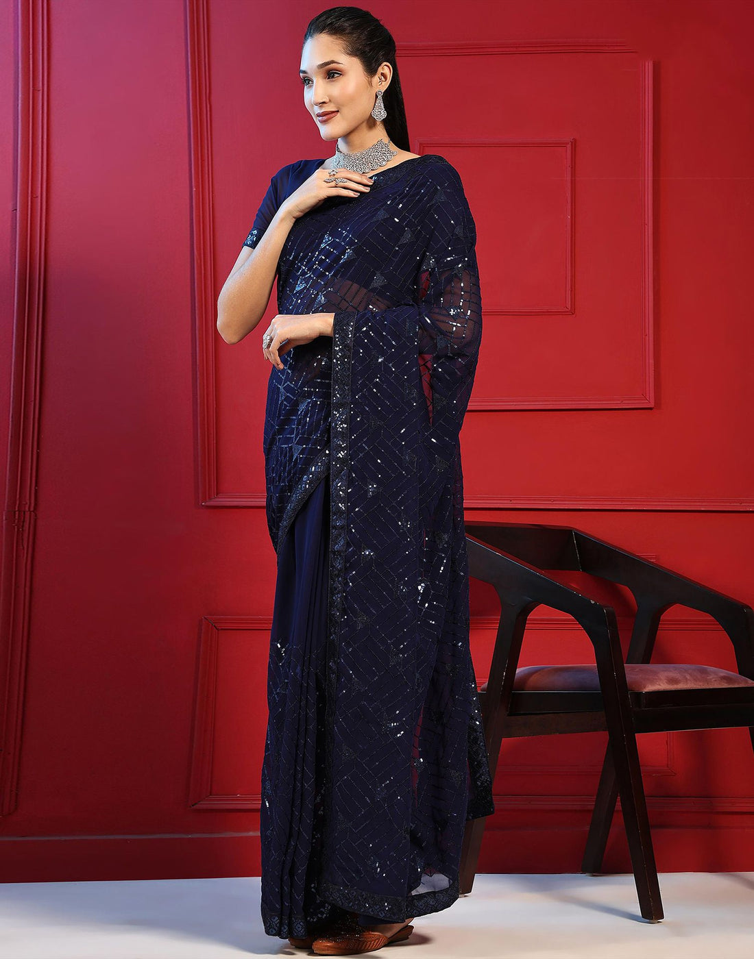 Blue Sequence Embroidery Sequence Georgette Saree | Leemboodi